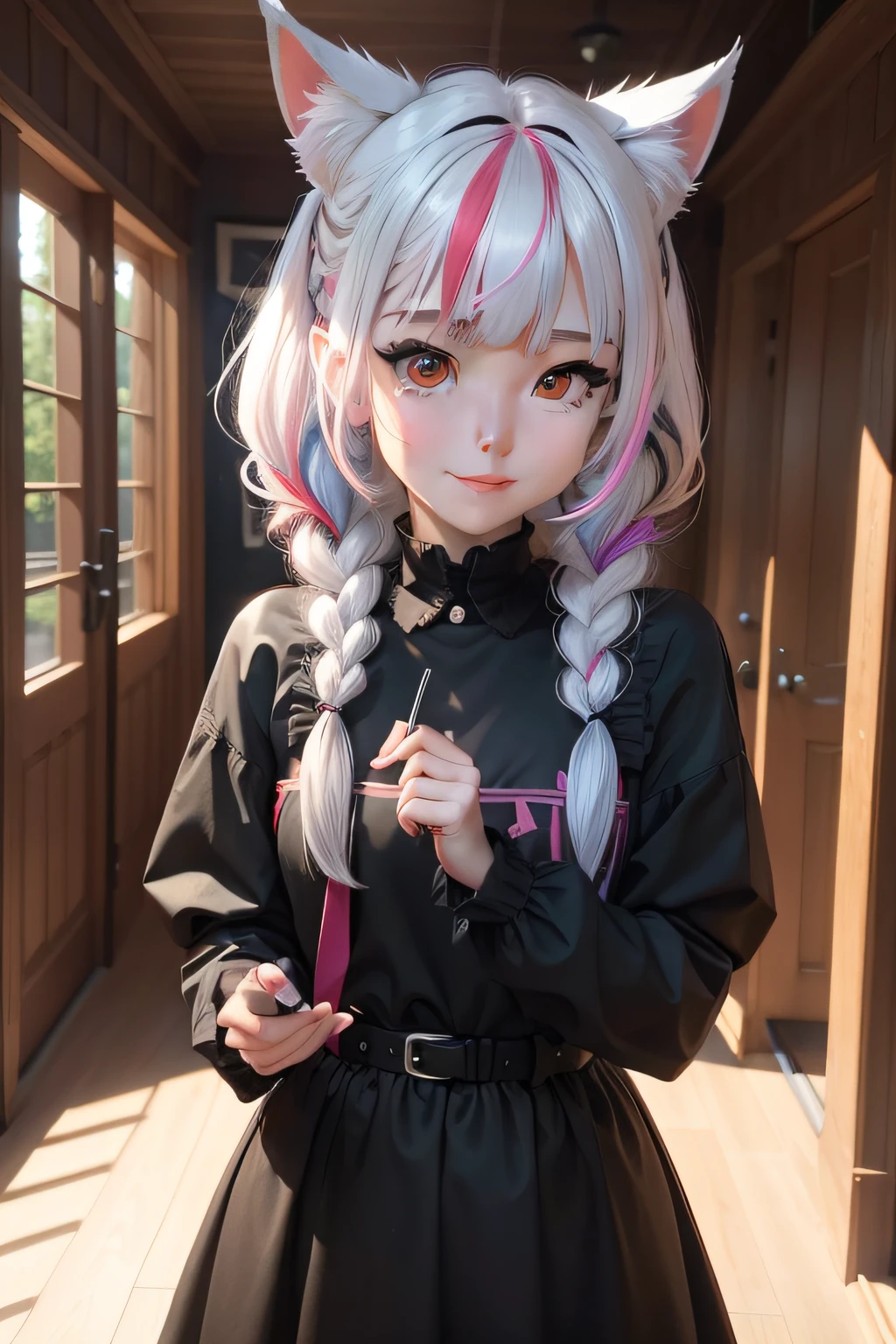 black hair, hair bobbles, wince, longeyelashes, solid circle eyes, fake animal ears, light smile, ear blush, fang, streaked hair, multicolored hair, colored inner hair, blonde hair, silver hair, brown hair, white hair, grey hair, light brown hair, black hair, purple hair, dark blue hair, blue hair, red hair, gradient hair, twin drills, french braid, side swept bangs, quad tails, quad tails, front ponytail, front ponytail, twin braids, Surrealism, drop shadow, anaglyph, stereogram, tachi-e, pov, atmospheric perspective, 8k, super detail, ccurate, best quality