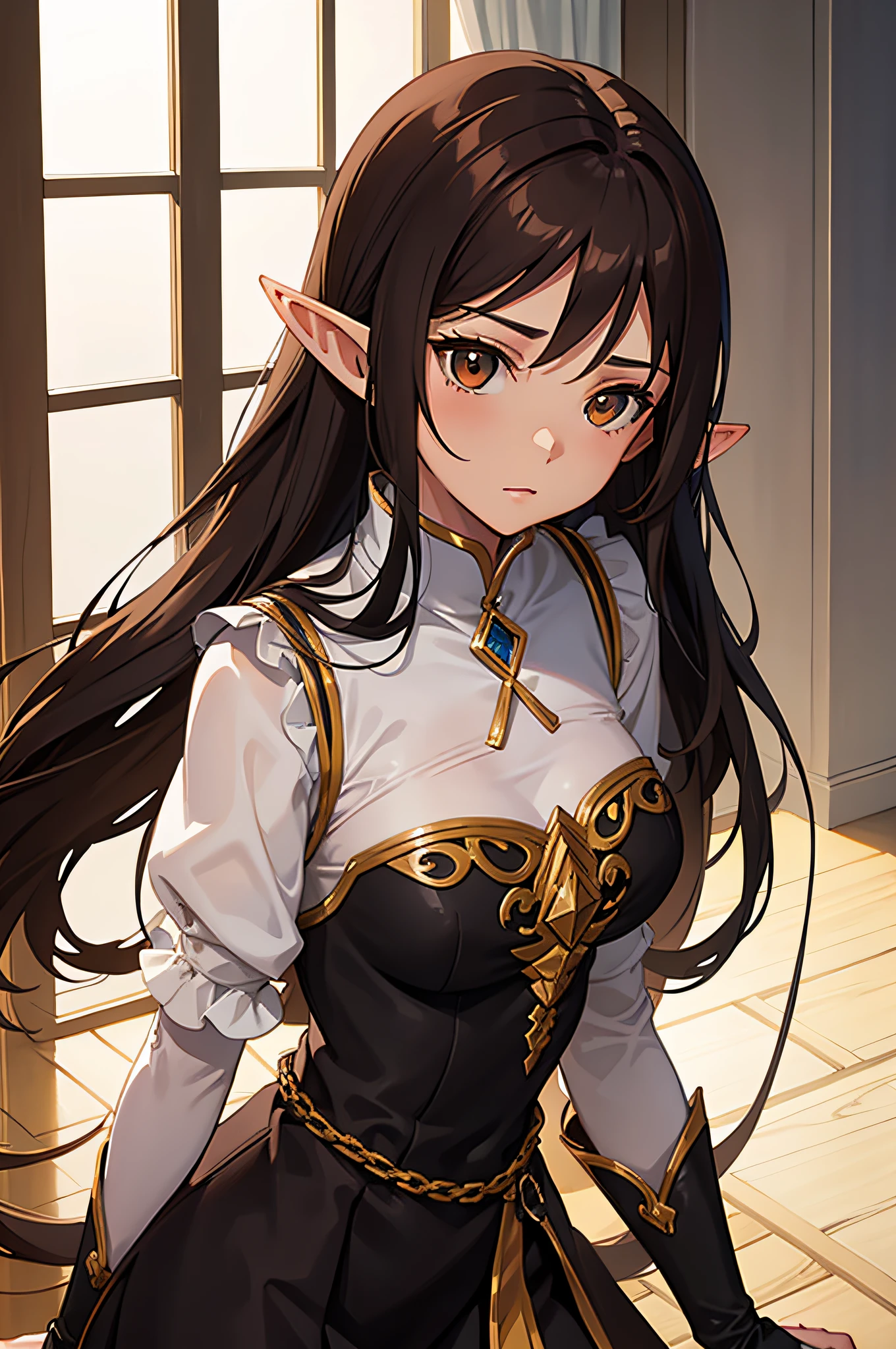 female half-elf, willowy body, brown long hair, brown eyes, Maids wear, Contemplative, Villain, anime figure