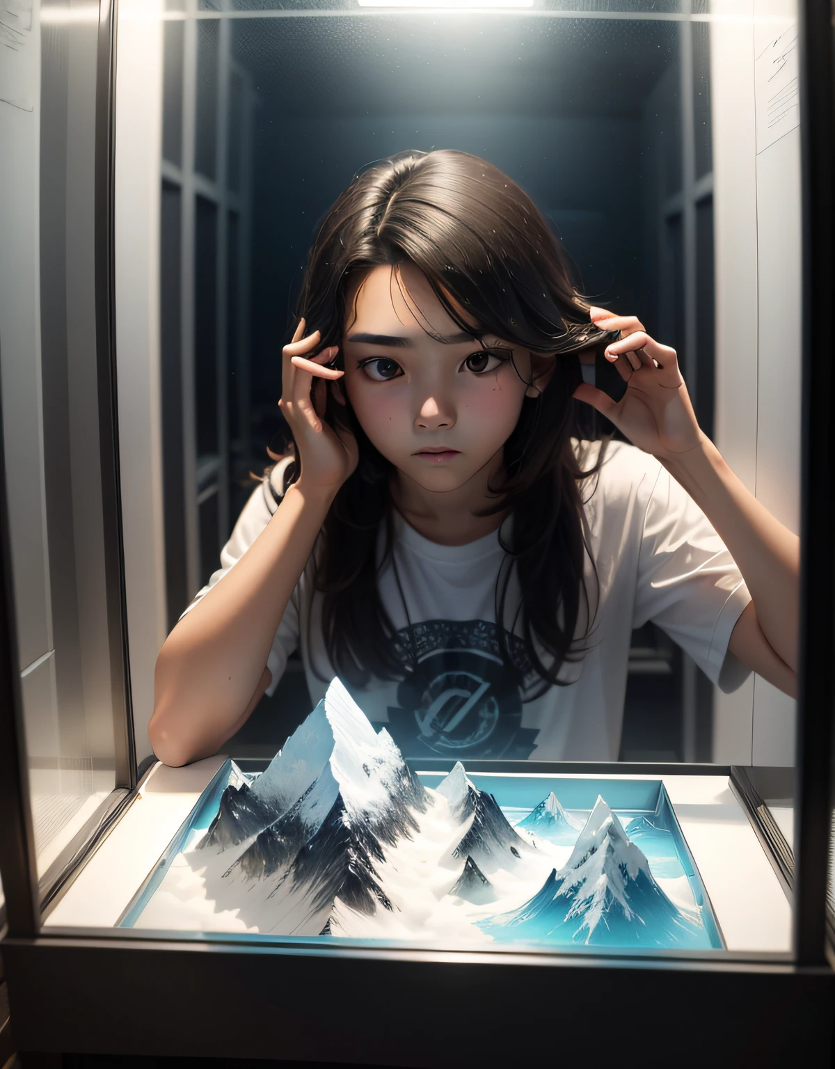 A teenager looked head-on at the cube glass box on the tabletop,Wear casual clothing;Inside the glass box is a model of a mountain range。