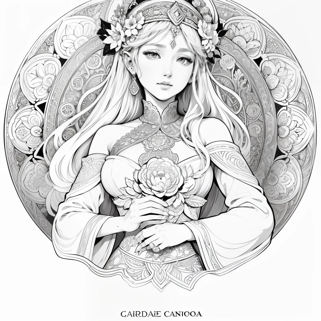 Flowers and goddess, ploynesian, garden, art for coloring book page, full white background, only use outline, line art, coloring book, clean line art, mandala for coloring with nature ornaments, simple and clean line art, coloring book page, adorned in Art Nouveau style, with a stroke of Alfons Mucha's brush, perfect details, real.