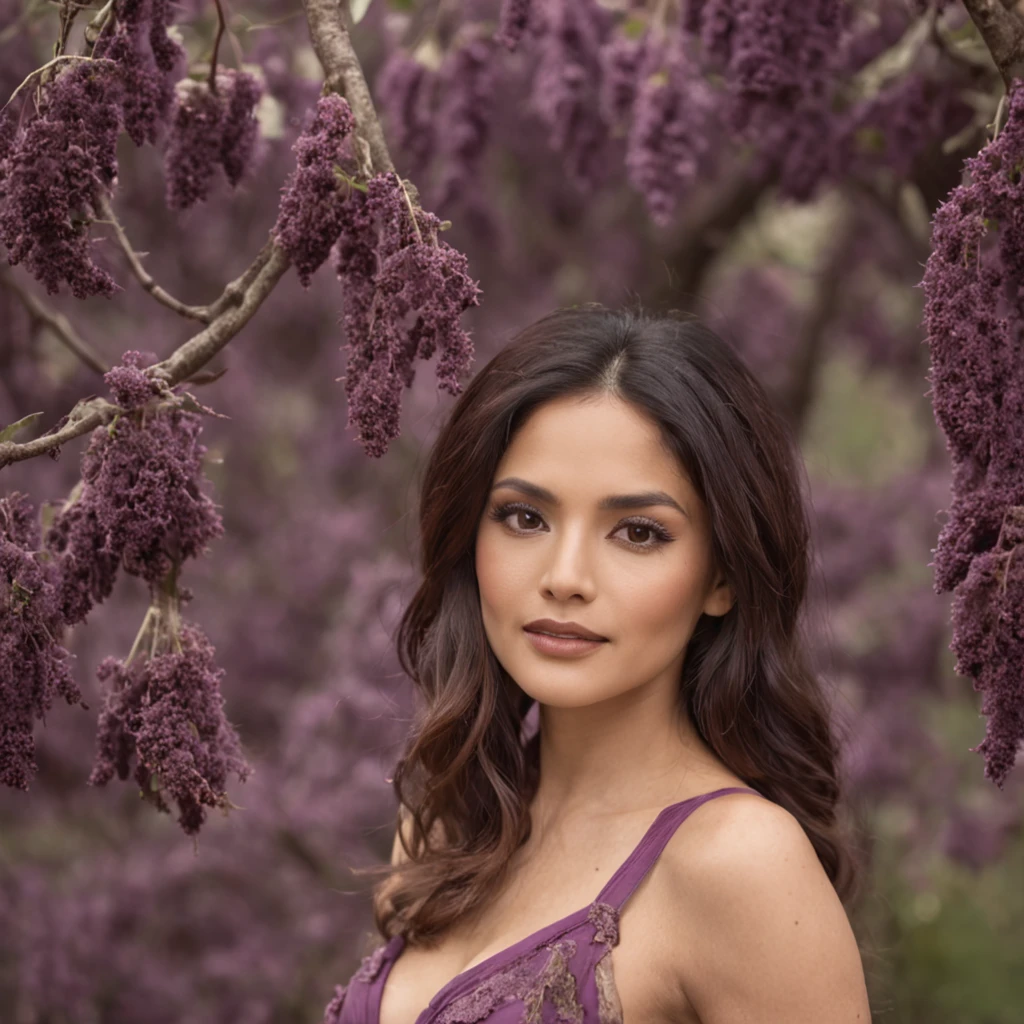 Salma Hayek, smiles slyly, in a wonderful forest, Large plums grow on the tree, Purple bikini, fantasy, fantasy style, good tits, Hot Pose, Hot photo