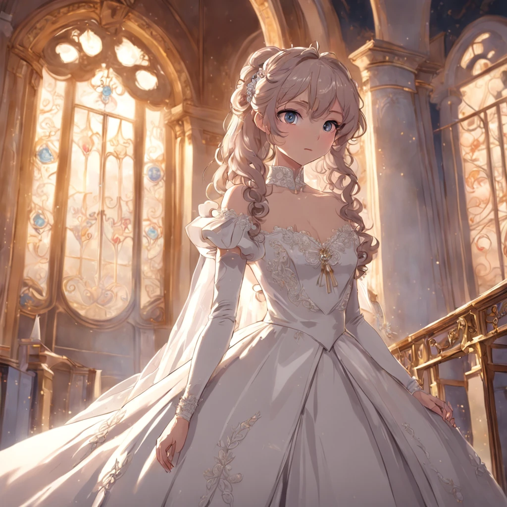 Best Quality, masutepiece, Amazingly beautiful glier glamour as a royal bridegroom,Wearing a stately delicate white satin royal dress,Decorated with bows, frilld, embroidery, Carefully curly and styled hair