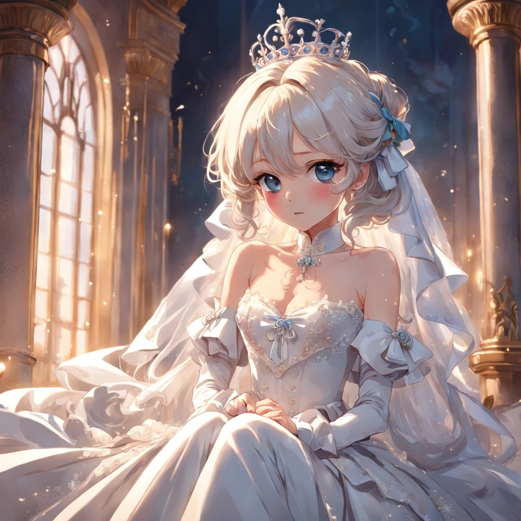 Best Quality, masutepiece, Amazingly beautiful glier glamour as a royal bridegroom,Wearing a stately delicate white satin royal dress,Decorated with bows, frilld, embroidery, Carefully curly and styled hair