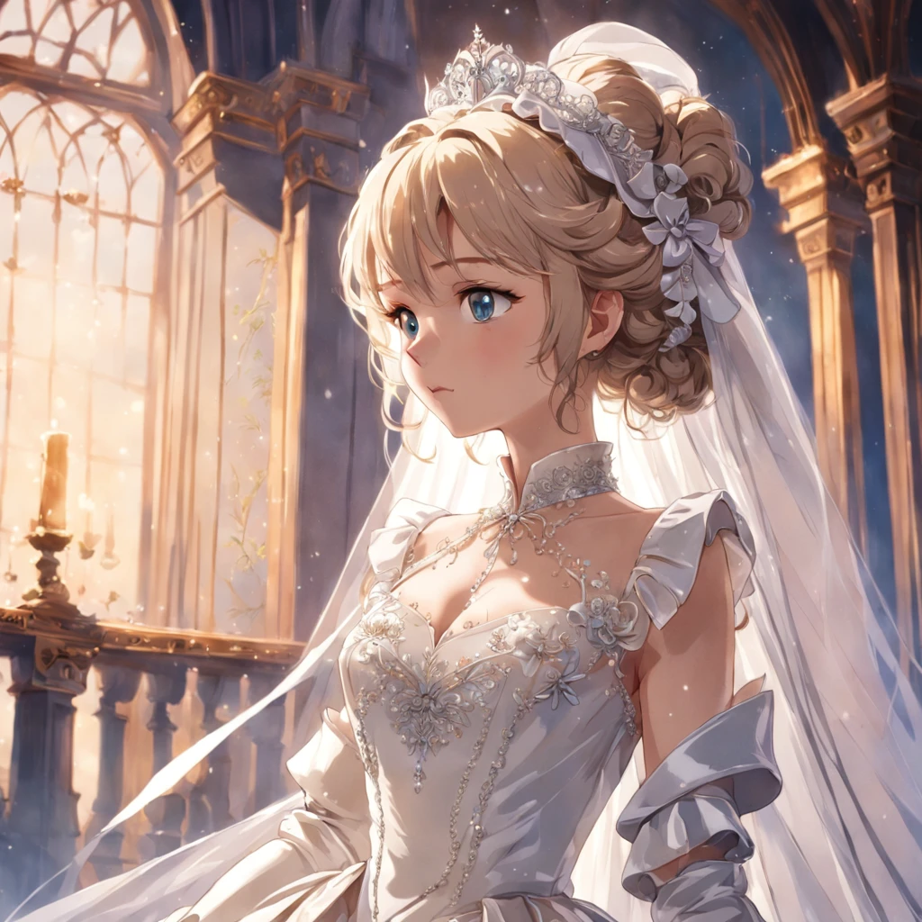 Best Quality, masutepiece, Amazingly beautiful glier glamour as a royal bridegroom,Wearing a stately delicate white satin royal dress,Decorated with bows, frilld, embroidery, Carefully curly and styled hair