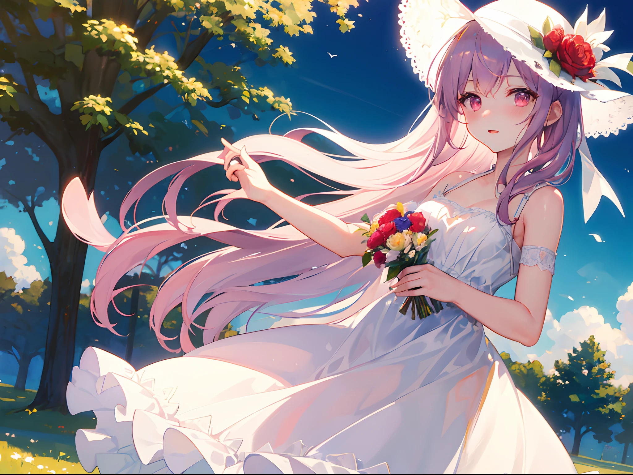 ((masterpiece, best quality)), 1girl, flower, solo, dress, holding, sky, cloud, hat, outdoors, bangs, bouquet, rose, expressionless, blush, pink hair, flower field, red flower, pink eyes, white dress, looking at viewer, midium hair, holding flower, small breasts, red rose, holding bouquet, sun hat, white headwear, depth of field,