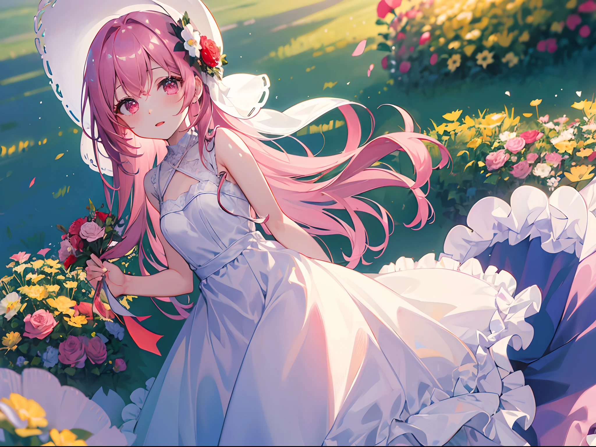 ((masterpiece, best quality)), 1girl, flower, solo, dress, holding, sky, cloud, hat, outdoors, bangs, bouquet, rose, expressionless, blush, pink hair, flower field, red flower, pink eyes, white dress, looking at viewer, midium hair, holding flower, small breasts, red rose, holding bouquet, sun hat, white headwear, depth of field,