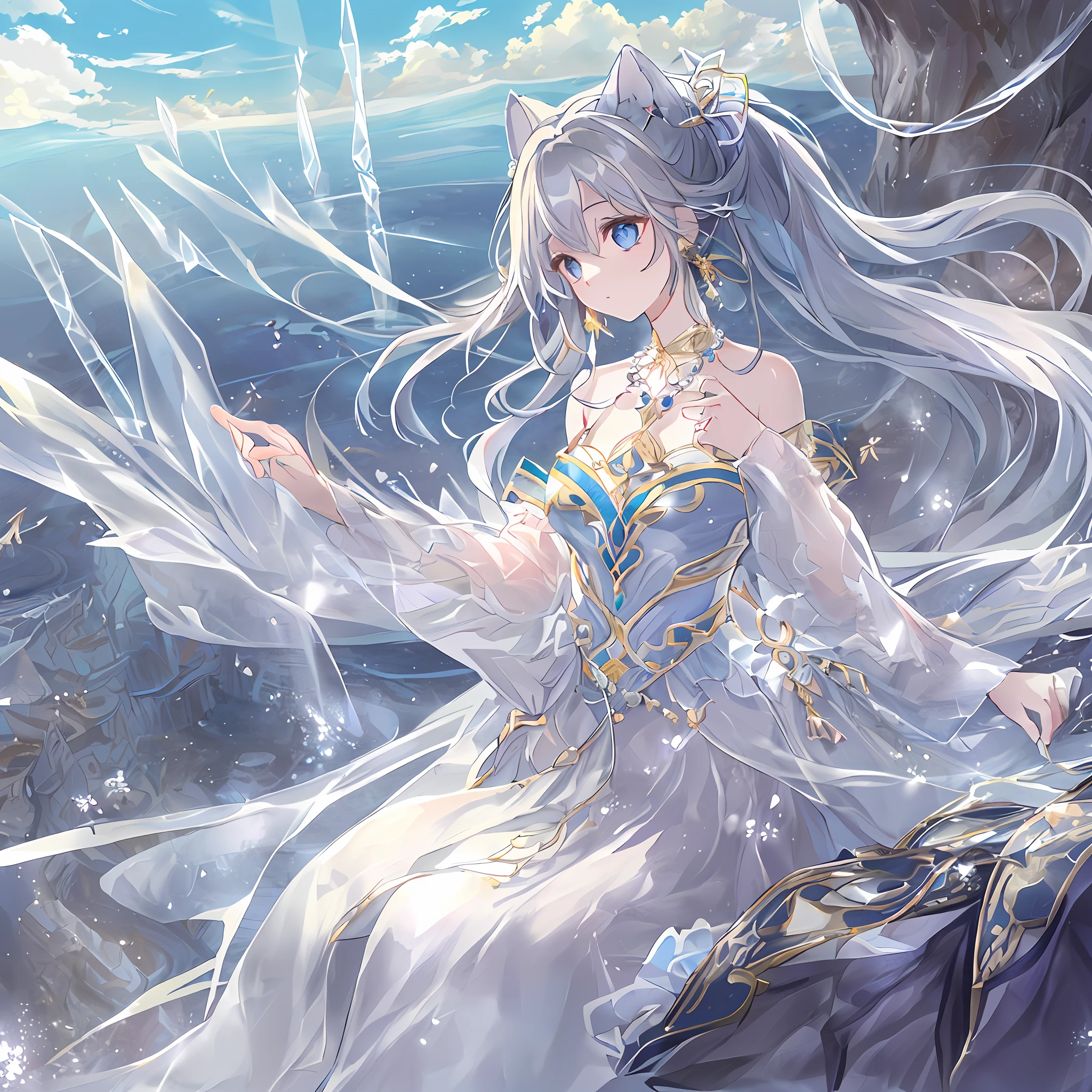 ・((Original Characters)): (Airen)
・((Volume Lighting)): (Glitter)
・((portlate)): (Deep Blue Eyes)
・((hair style)): (Pure white ponytail)
・((Hairpin)): (Transparent crystallization)
・((makeups)): (Silver lame)
・((garments)): (Transparent Long Dress)
・((accessorized)): (Silver necklace、Wind chime earrings)
・((the pose)): (Planktonic)、full bodyesbian
(The background is a vast land:1.7)
・((Quality and detailed evaluation)): (Exquisite transparency and wind sway:1.25)
・((Character type)): (独奏:1.3)