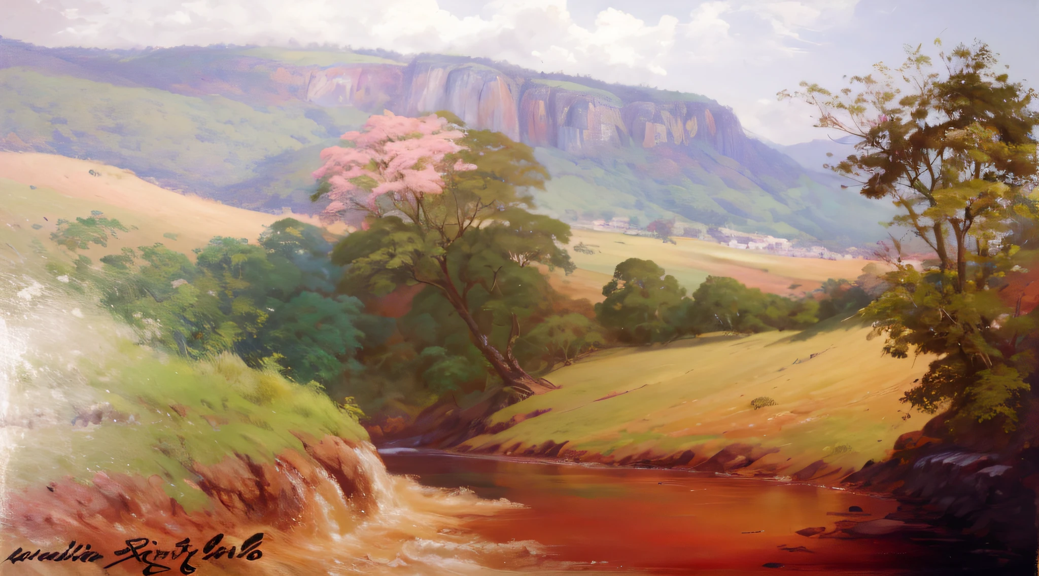 pintura de um rio que atravessa um vale verde exuberante com montanhas ao fundo, colinas fluidas, 8k resolution digital painting, 8k resolution digital painting, Pintura digital 4K, Pintura digital 4k, pintura digital detalhada, baixo detalhamento. pintura digital, Pintura Digital de Alto Detalhe, peaceful landscape, rio, trees and hills, pintura detalhada 4K, pintura digital 4k