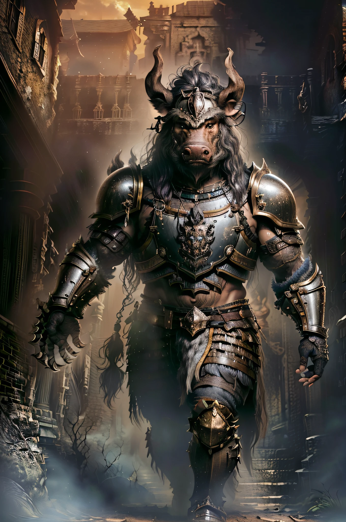 A boar warrior in armor, dark brown skin and mane, showing boar face, no mask, no helmet, rough armor, pig_besta, wearing boar armor, heavy gold armor. Dramatic, anthropomorphic boar, awesome armor, intricate armor, very rugged costume armor, boar warrior, detailed fantasy armor, fantasy armor, black gold armor,