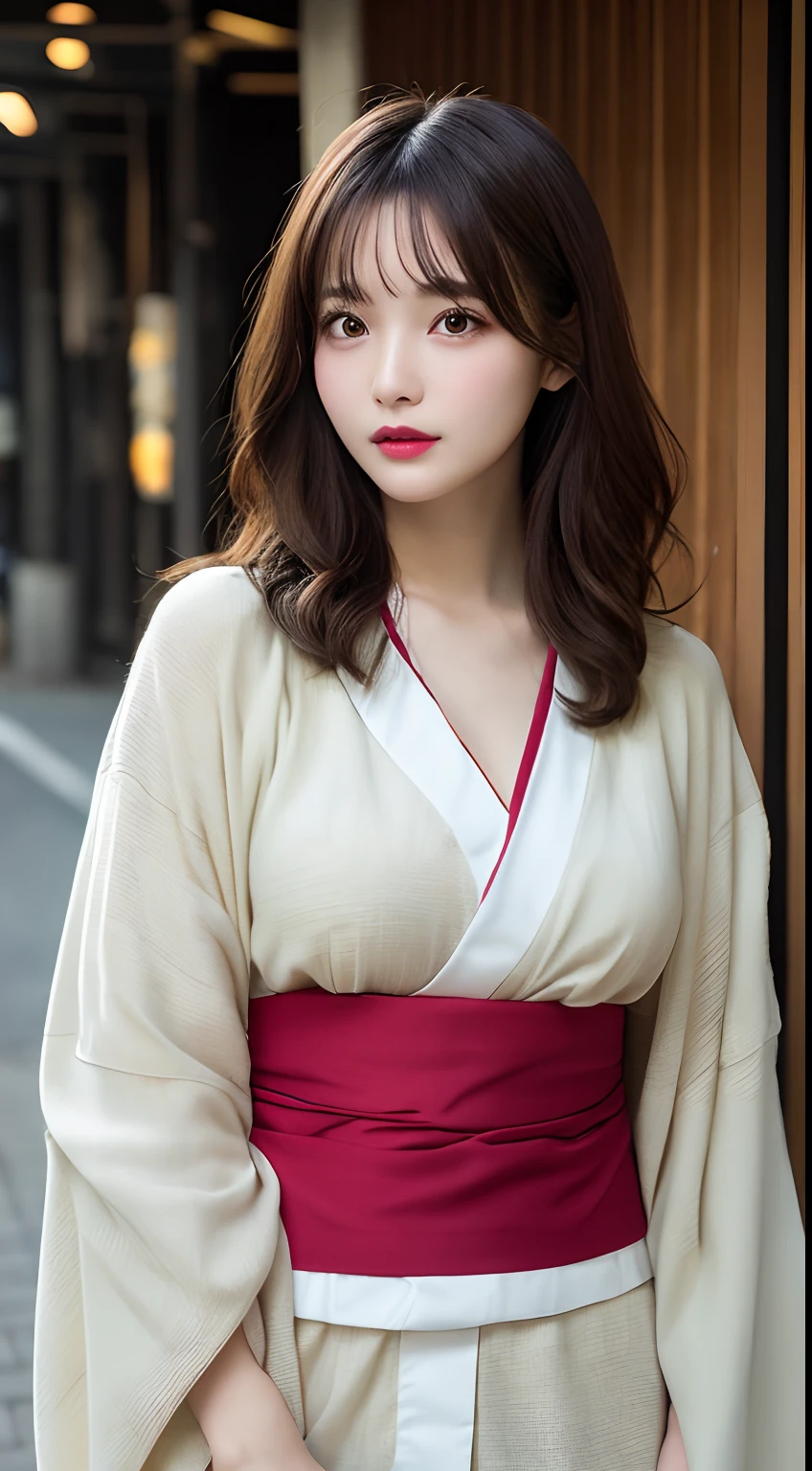 finely detail, hight resolution, hightquality、Perfect dynamic composition, Beautiful detailed eyes, Medium Hair, Colossal tits 、Natural Color Lip,Kamimei、Shibuya、college aged、1 persons、Transparent skin、Glowing hair、kimono、Beauty in return