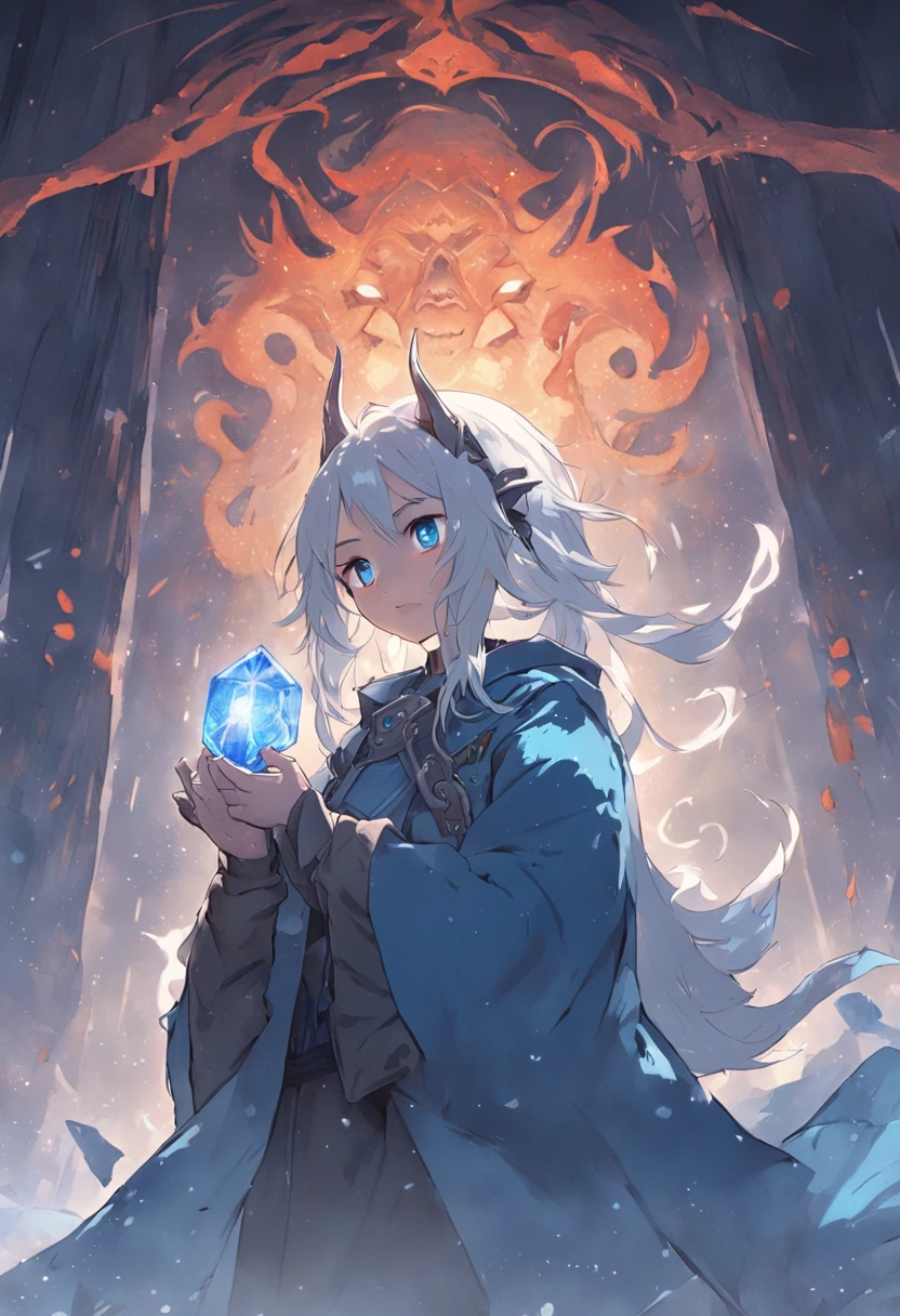 An epic scene in a desolate village reduced to ruin, It's snowing,There is a young girl with white hair,She held a glowing piece of rune paper,Face a skin blue,A giant Handsome demon with big horns