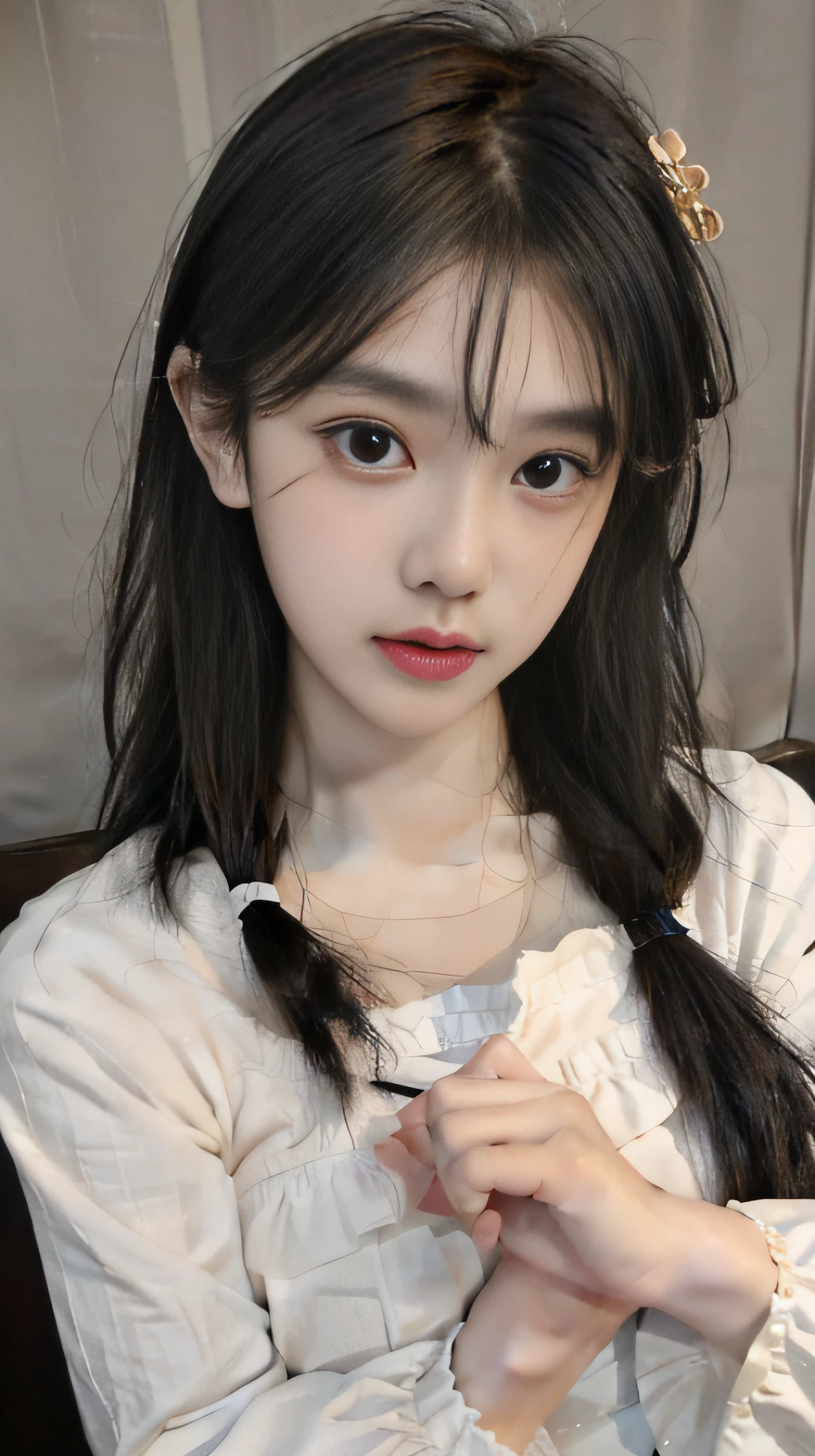 best quality, (photorealistic:1.2), 1girl, solo, shiny skin, detailed face, face focus, standing, black hair,(hair ornament:1.35), twintails, japanese clothing, ribbon sleeves, split sleeves, ribbon trim, wide sleeves, (Looking at the audience: 1.5) long hair, black eyes, bangs, underwear, lips,