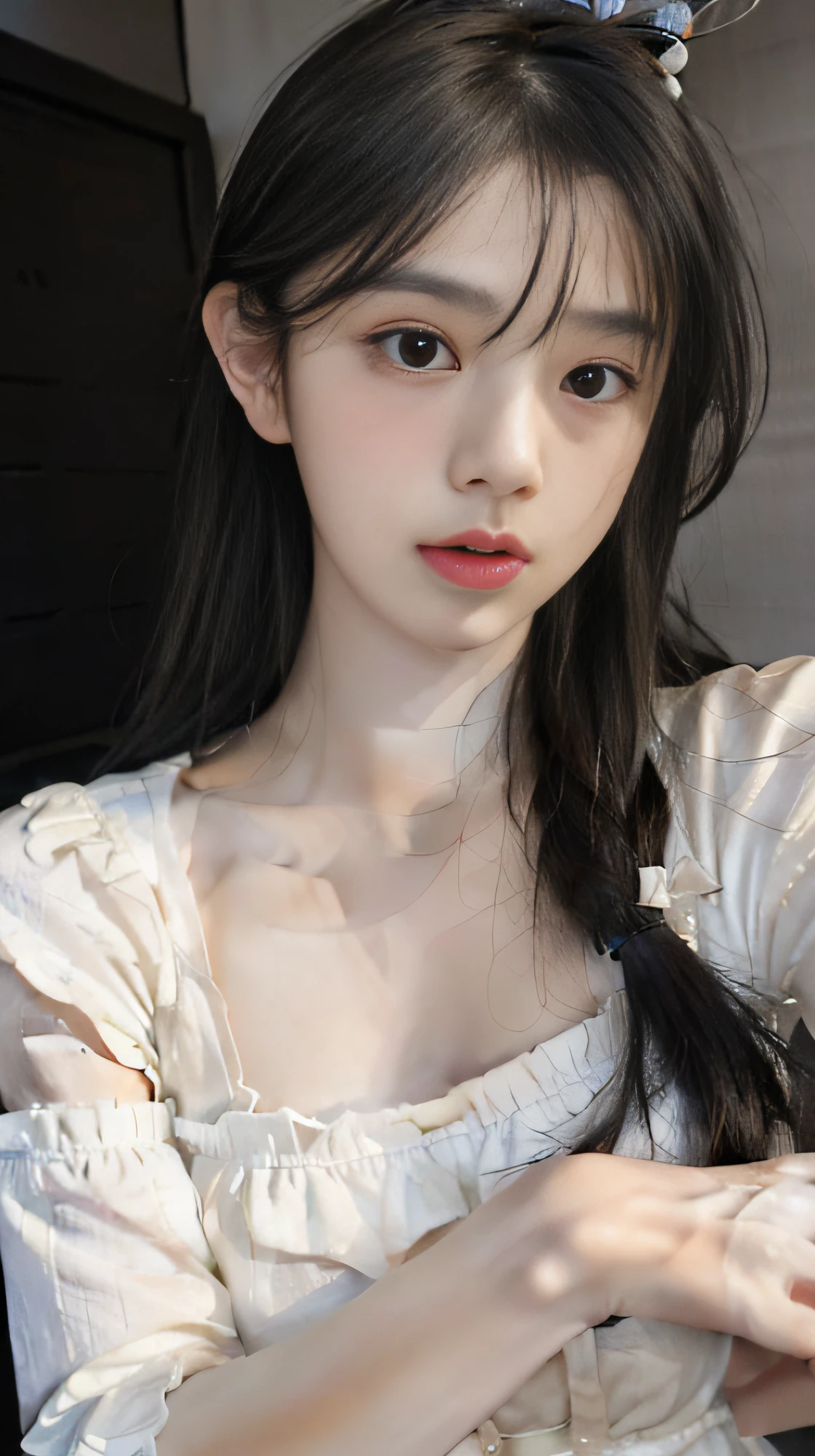 best quality, (photorealistic:1.2), 1girl, solo, shiny skin, detailed face, face focus, standing, black hair,(hair ornament:1.35), twintails, japanese clothing, ribbon sleeves, split sleeves, ribbon trim, wide sleeves, (Looking at the audience: 1.5) long hair, black eyes, bangs, underwear, lips,