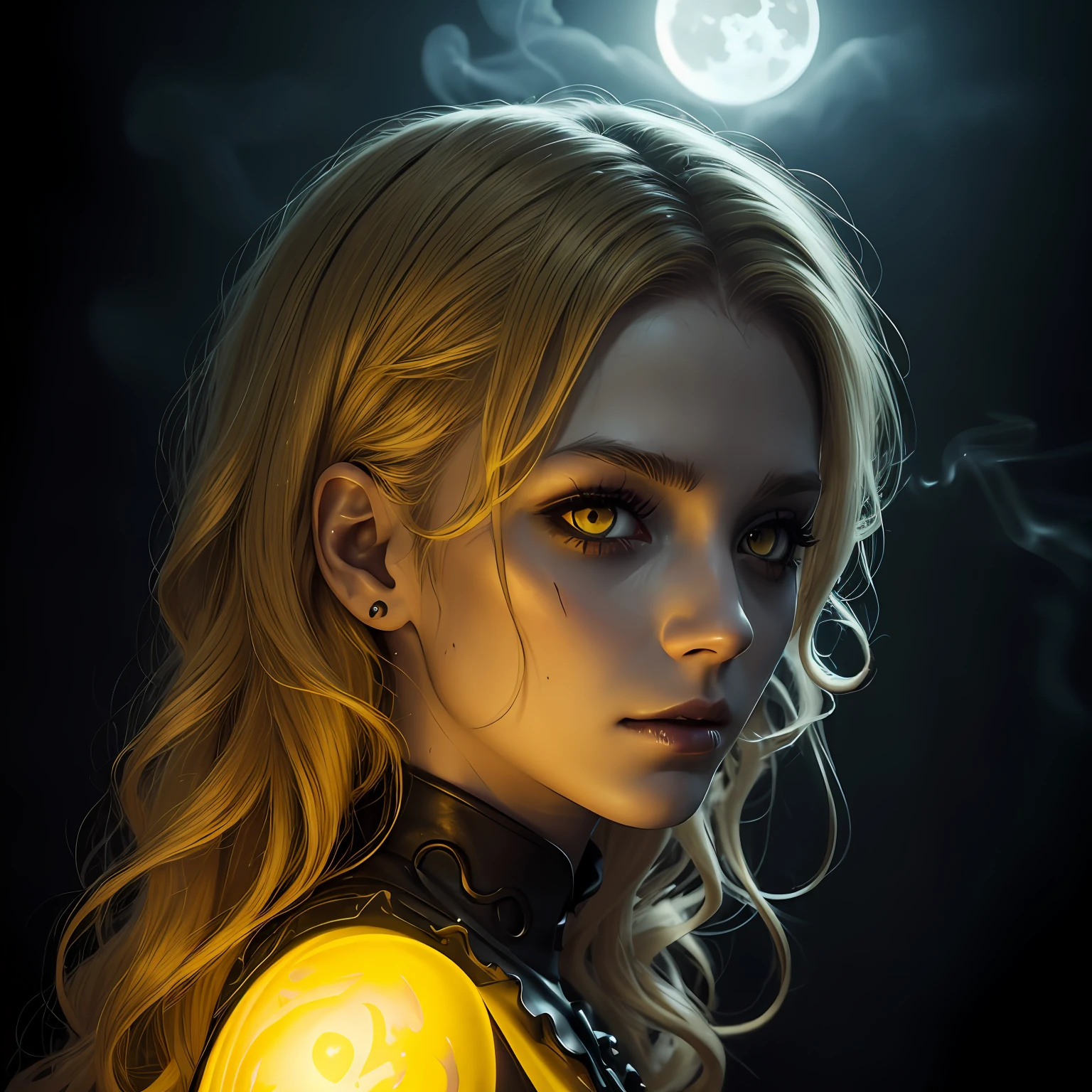dark, unholy, evil, astral, creepy style, undead, rotting skin, mystical, nice perfect face with soft skin, young beautiful woman portrait from side, smoke, mist, yellow glowing moon, curly blonde hair, yellow glow, yellow eyes, void