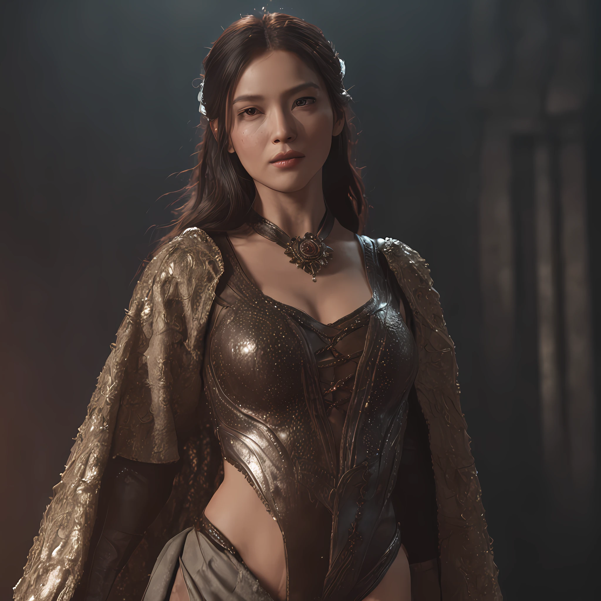 (professional 3d render:1.3) af (Realistic:1.3) most beautiful artwork photo in the world，Features soft and shiny Han heroines,Full body 8K unified rendering, action  shot, skin pore, very dark lighting, heavyshading, Detailed, Detailed face, (vibrant, photograph realistic, Realistic, Dramatic, Dark, Sharp focus, 8K), (Old leather garments damaged by weathering:1.4), ((((Wear fur)))), (Intricate:1.4), decadent, (Highly detailed:1.4), Digital painting, rendering by octane, art  stations, concept-art, smooth, Sharp focus, illustration, Art germ, (loish:0.23), wlop ilya kuvshinov, and greg rutkowski and alphonse mucha gracias, (Global illumination, Studio light, volumettic light), heavy rain, particles floating, lotr, fantasy, elf, full bodyesbian, ((Dark and ancient city background:1.3)),CGSesociety,art  stations