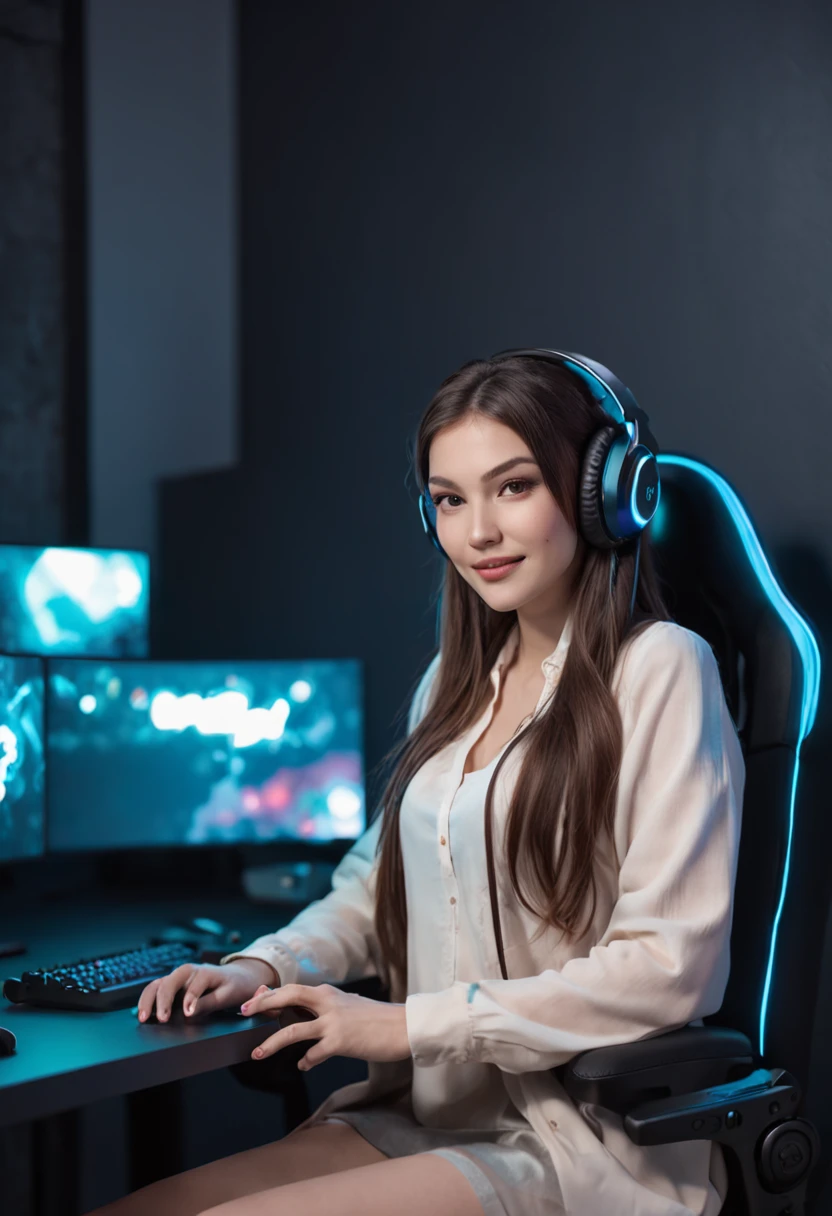 A young woman with long, flowing hair, wearing a stylish gaming headset and a comfortable outfit, sitting at a desk in front of a gaming PC. The PC is lit up with neon lights, and the woman is smiling as she plays her favorite video game.