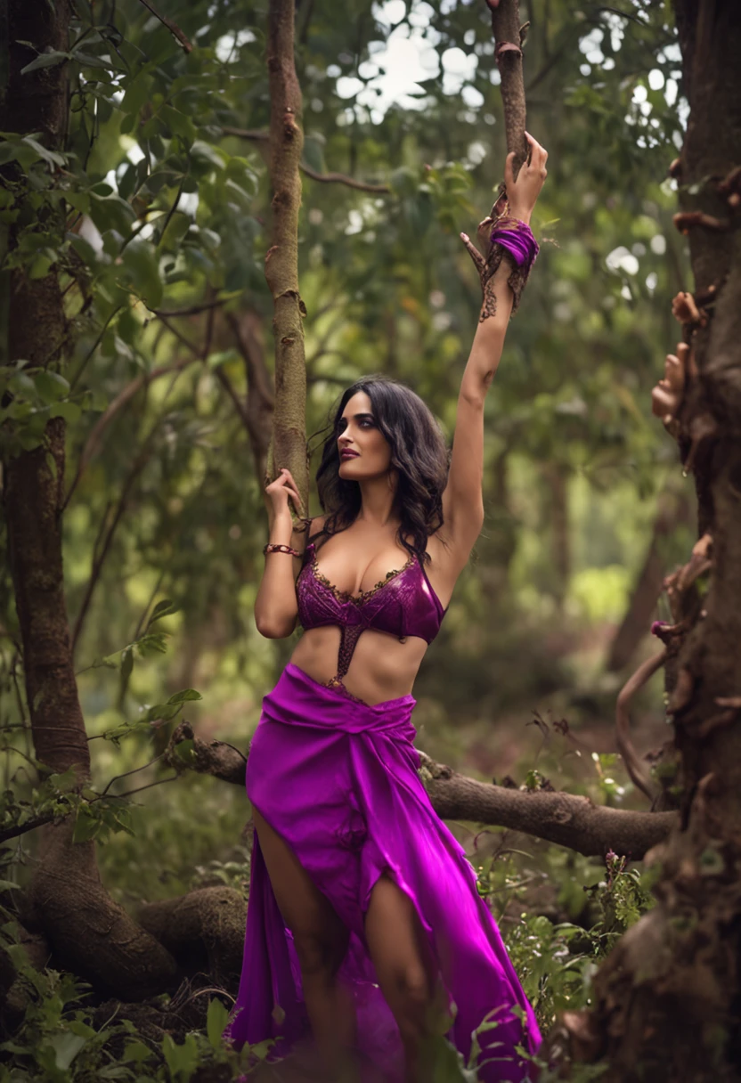 Salma Hayek, smiles slyly, in a wonderful forest, Large plums grow on the tree, Purple bikini, fantasy, fantasy style, good tits, Hot Pose, Hot photo, leans forward, Hands Behind Your Back, magic world