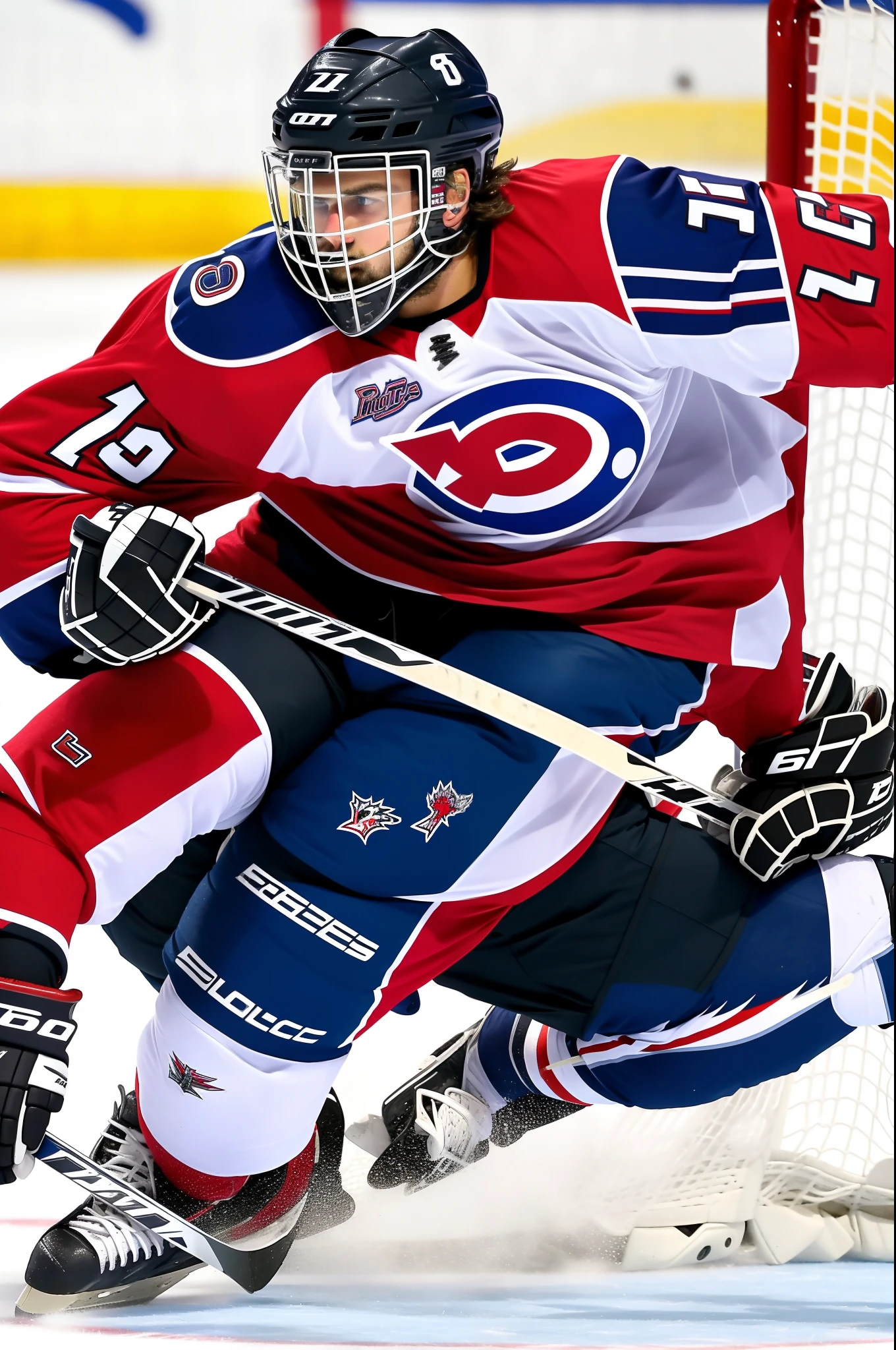 A powerful hockey player rides fast through a hockey stadium