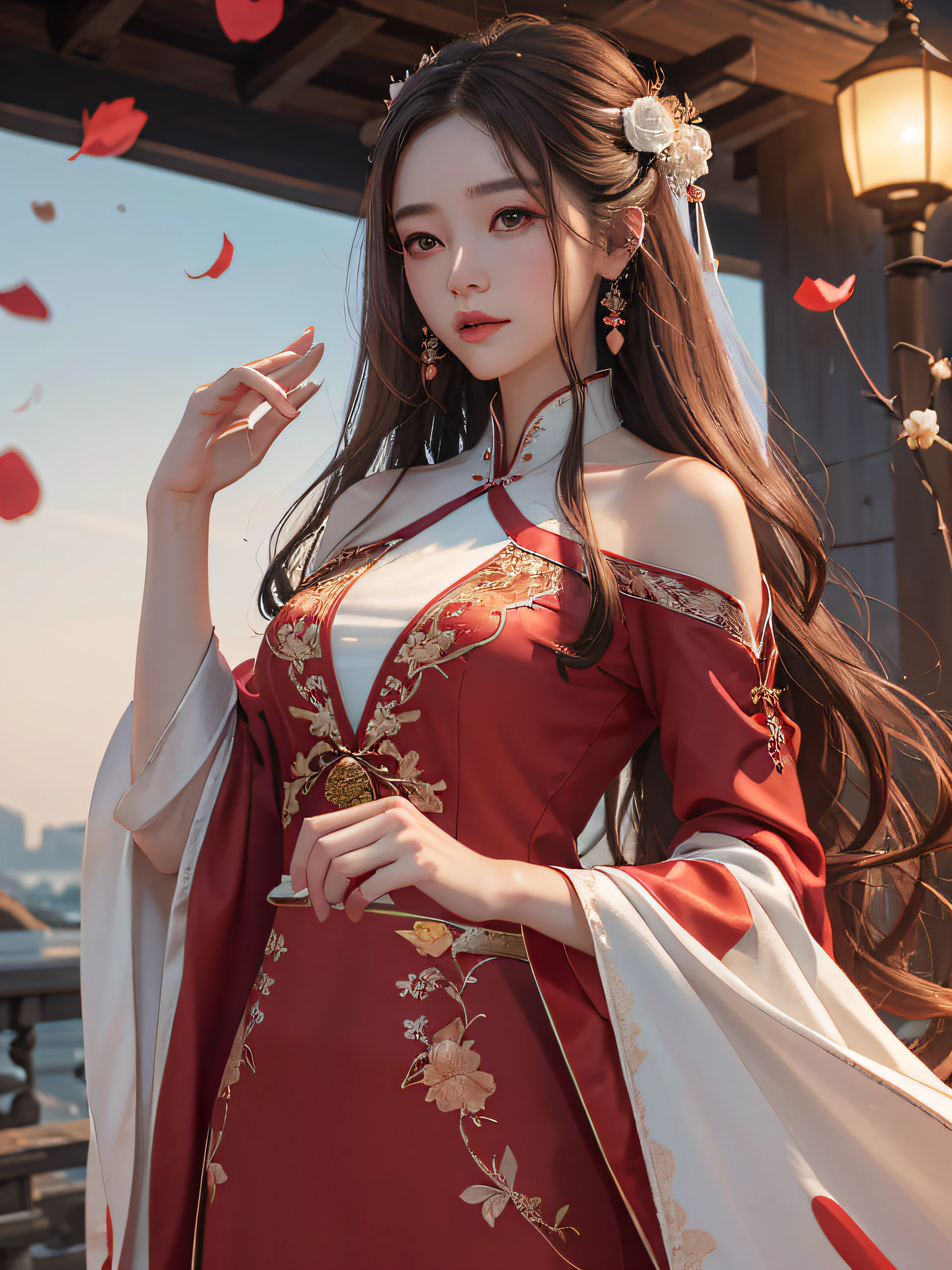 Superb Quality, Masterpiece, High Resolution, (Exquisite Body: 1.5), Stunning Beauty, (Milky Skin: 1.3), Delicate Details, High Resolution, Wallpaper, 1 Woman, Solo, Dress, Hair Accessories, (((Red Dress)) ), Flower, Long Hair, Brown Hair, Shut Up, Accessories, Long Sleeves, Raised Hand, Wide Sleeves, Big Eyes, Flowing Hair, Hanfu, Hanfu, Embroidery, Long Skirt, Natural Pose, Falling Petals, Calf Injury, Sadness, Fanning, Lantern, 16K, HDR, High Resolution, Depth of Field, (Film Grae: 1.1), Bocon, Primetime, (Lens Glow), Vignette, Rainbow, (Color Grading: 1.5)