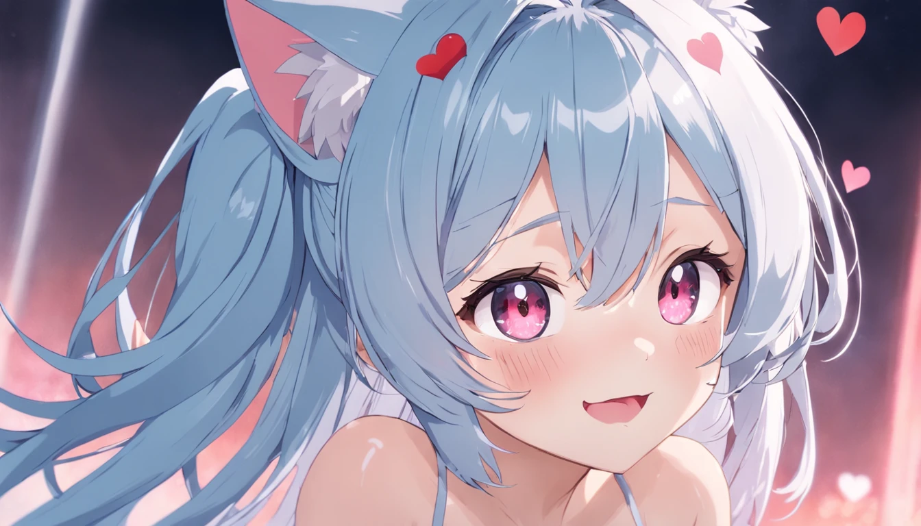 (fluffy anthro furry :1.6),cat girl,light blue long hair,wavy hair,light blue fur,pink eyes,glowing eyes,neon eyes,neon light,nightclub,naked,full face blush,smile,open mouth,heart eyes,hearts eyebrow,heart eyes expression,two hands selfie,heavy breath,very hot,wet body,wet breasts