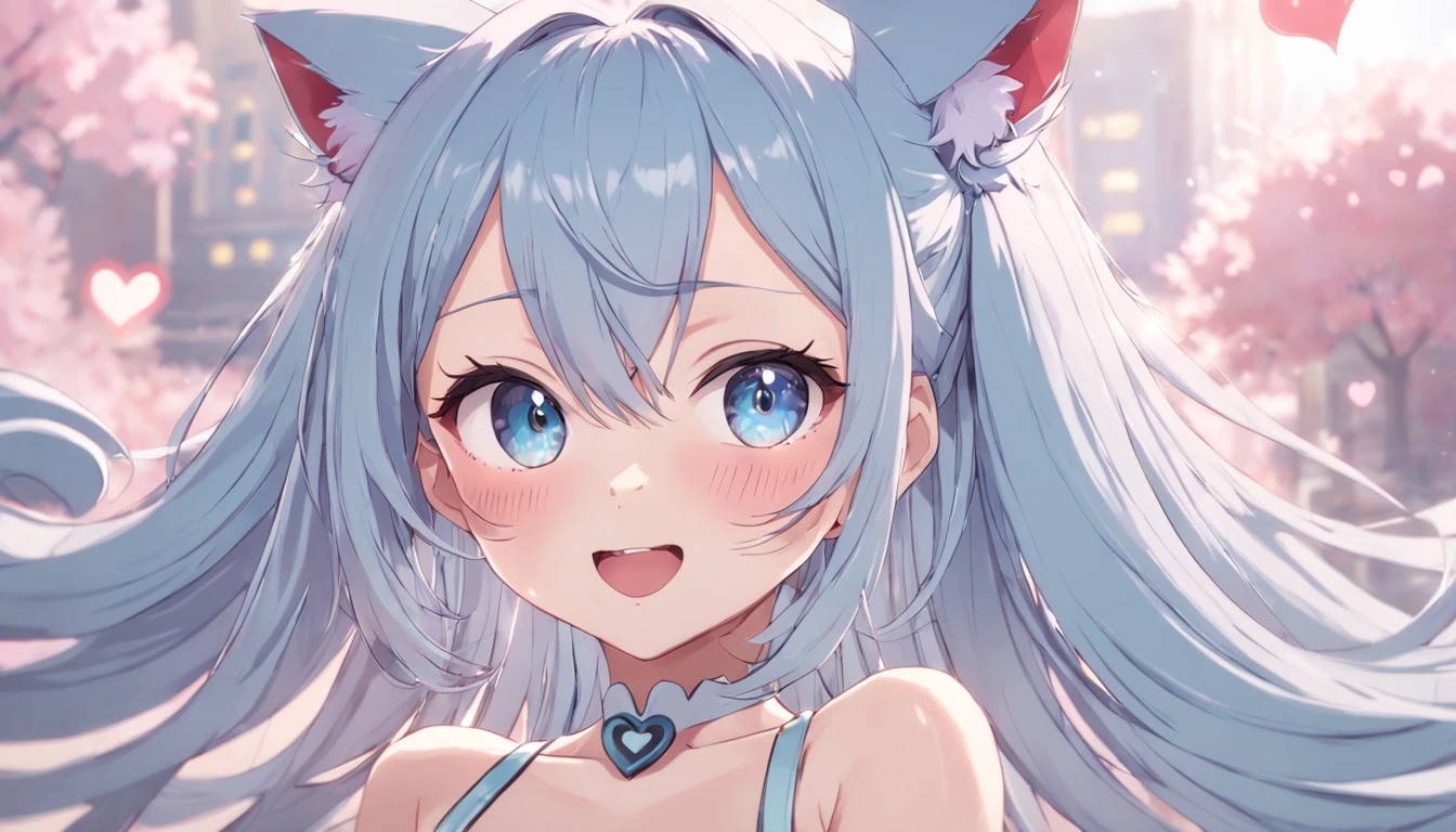 1girll,full bodyesbian,long eyelasher, Silver hair, Light blue hair, Gradient hair, hair pin, Hairpin, hair adornments, Heart-shaped pupils, Pink eyes, Cat ears, Light smile, Shy, Blush, hearts in eyes, anime big breast, Anime style, 8K, Super detail, Best quality, hyper HD, Masterpiece, High details, High quality, Best quality
