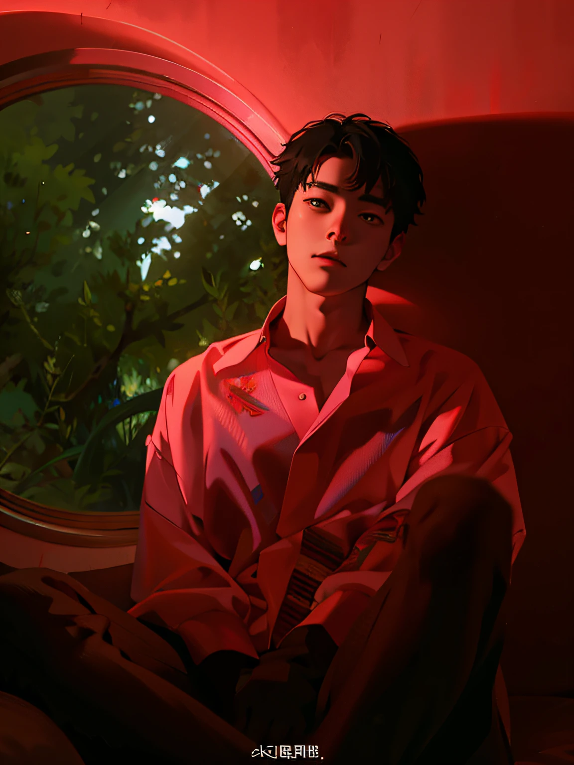 Arafat sat in front of the round window of the room, Zhang Jiongmin, mid shot portrait, ji-min, woo kim, seseon yoon, Portrait shooting, jung jaehyun, red and cinematic lighting,