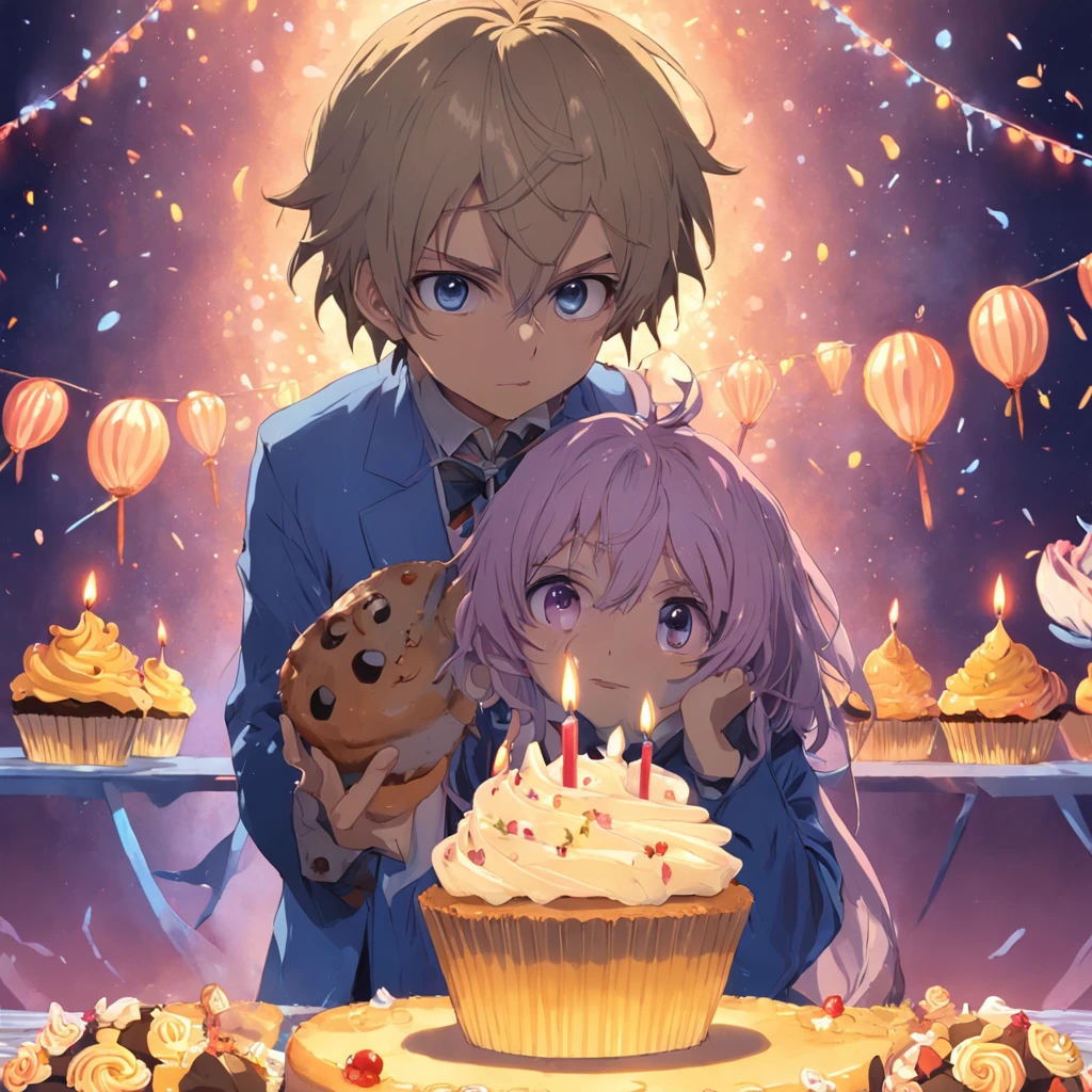 tmasterpiece,best qualtiy,birthday,waxy candles,Cupcakes,younge boy,whaite hair,closeup cleavage,brightly,cheerfulness,Warm and soft lighting,(spark of light:0.7)