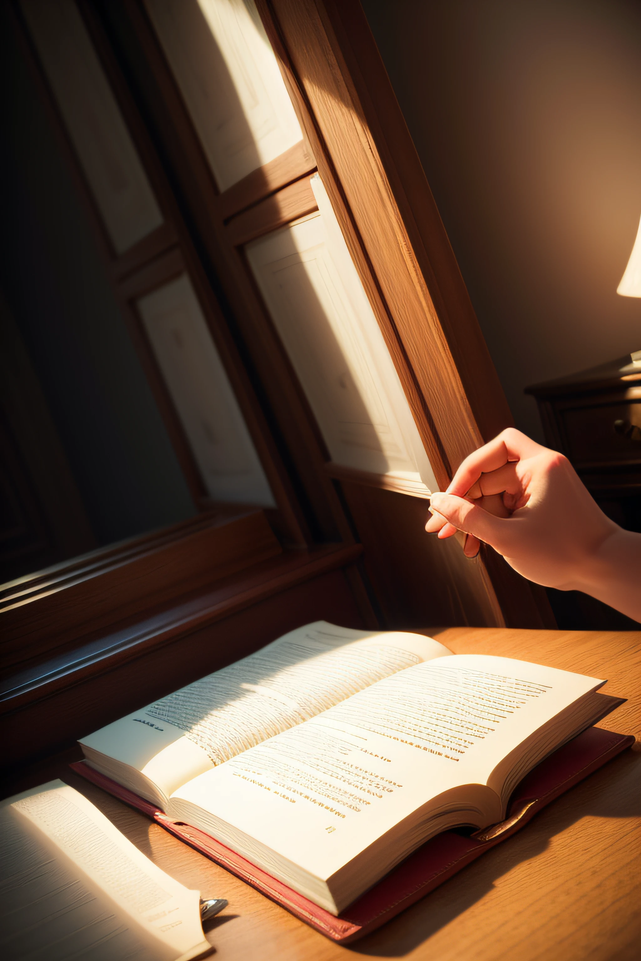 two hands opening a large book and from inside comes a light with beautiful treasures