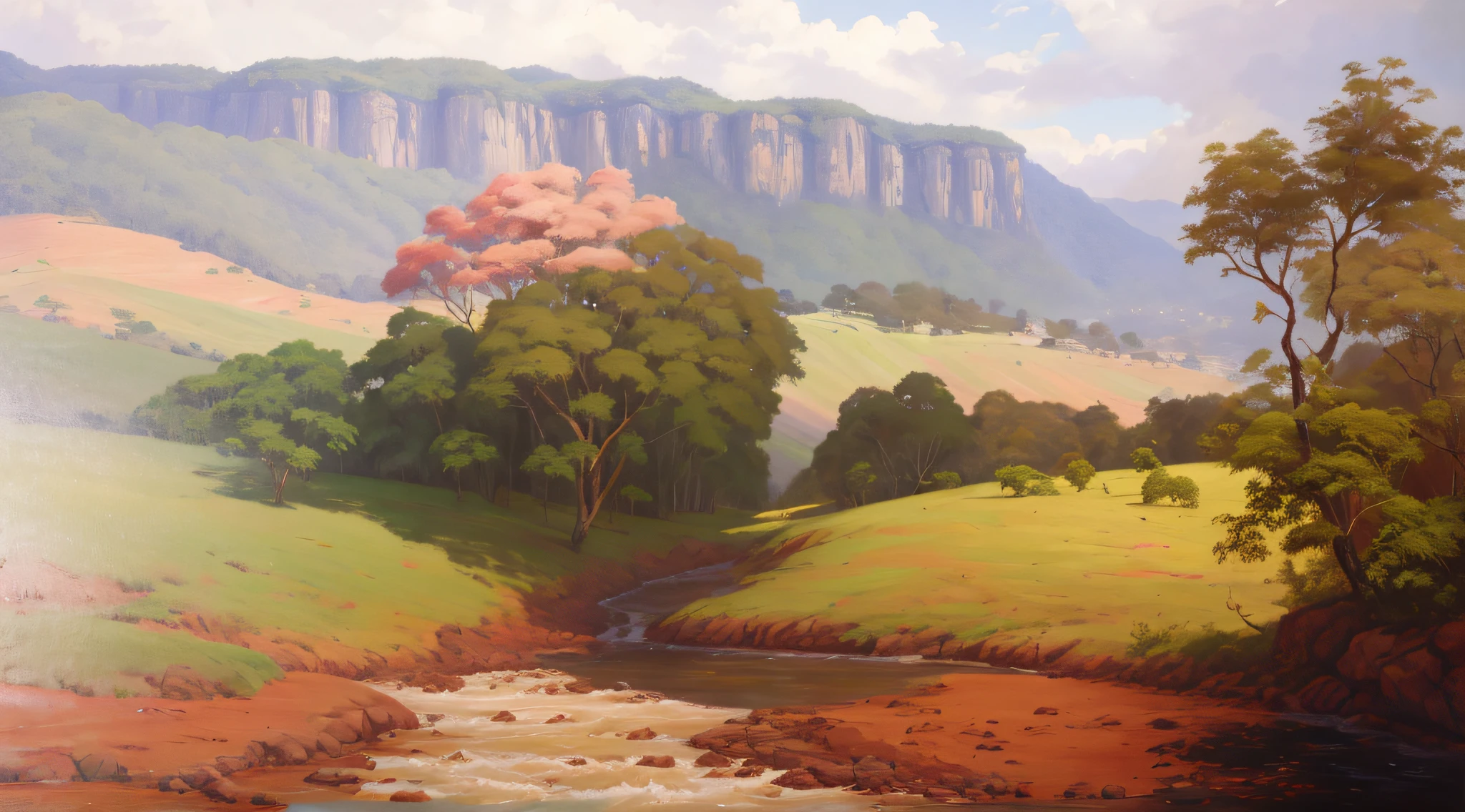 pintura de um rio que atravessa um vale verde exuberante com montanhas ao fundo, colinas fluidas, 8k resolution digital painting, 8k resolution digital painting, Pintura digital 4K, Pintura digital 4k, pintura digital detalhada, baixo detalhamento. pintura digital, Pintura Digital de Alto Detalhe, peaceful landscape, rio, trees and hills, pintura detalhada 4K, pintura digital 4k