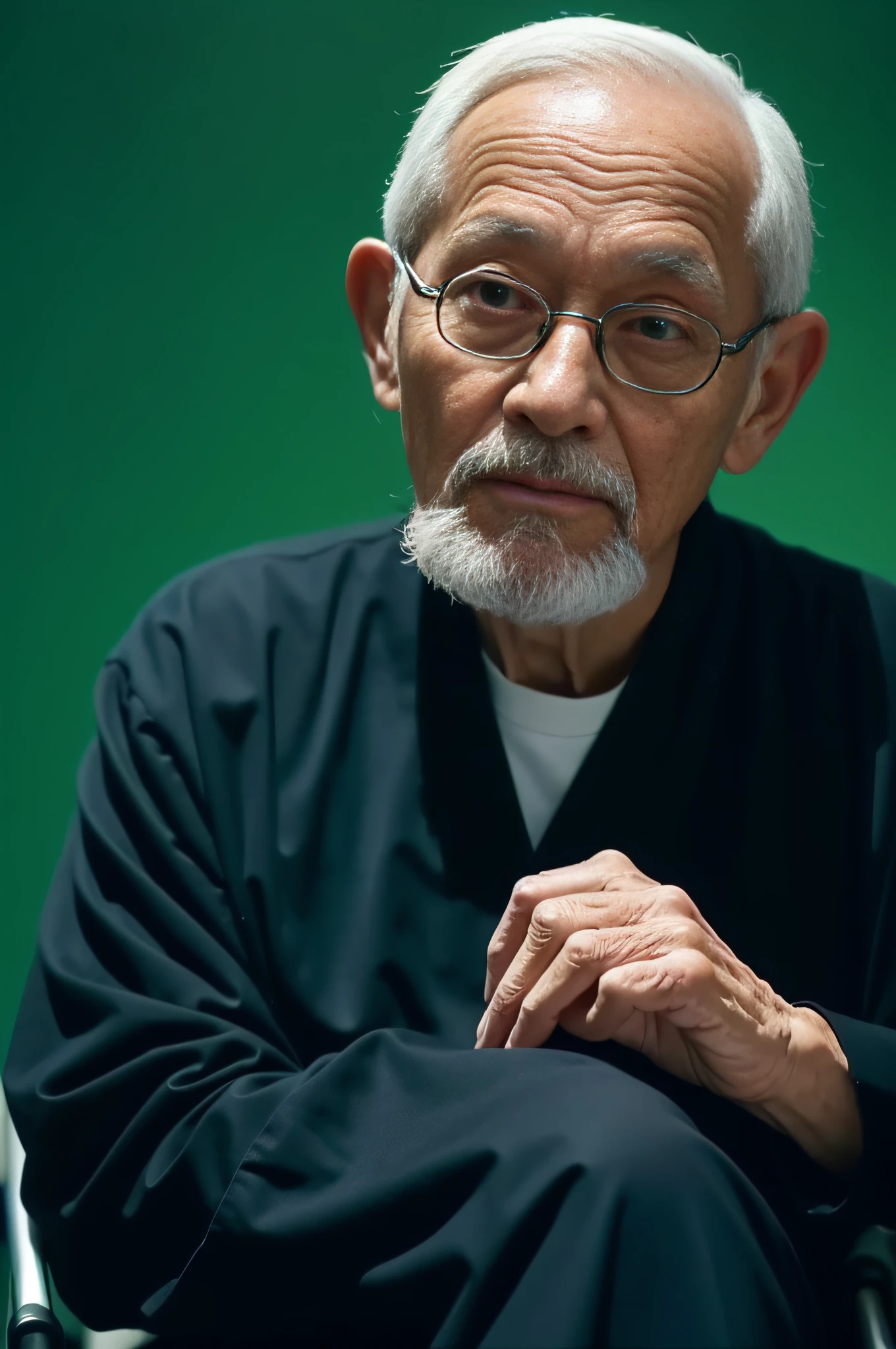 high definition detail,Kind old man in wheelchair,solid color backdrop,Wisdom Venerable,Narrator