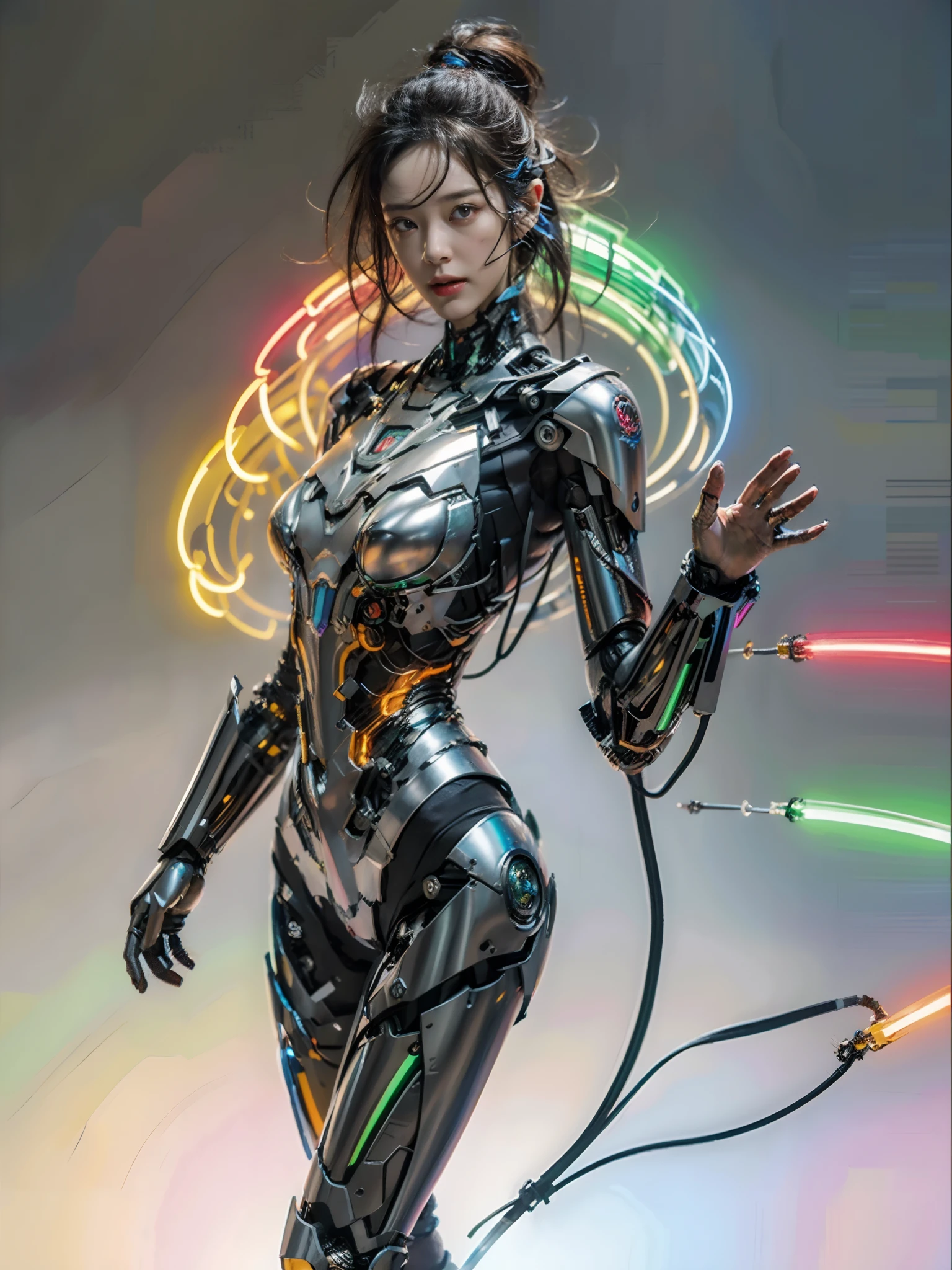 ((tmasterpiece,best qualtiy)), illustratio, Ultra-detailed 8K, realisticlying, Clear focus, highly detailed, profesional lighting, Colorful detailed, Color separations of rainbow colors, Extra-long shots from the factory, Large mechanical robot structure, micro Chip, Computer, with light glowing, intricately details, Shitu-mecha, 1girll, Wearing mecha, nabel, Colorful picture, with light glowing, (cyber punk perssonage),Left hand repainted mechanical prosthesis