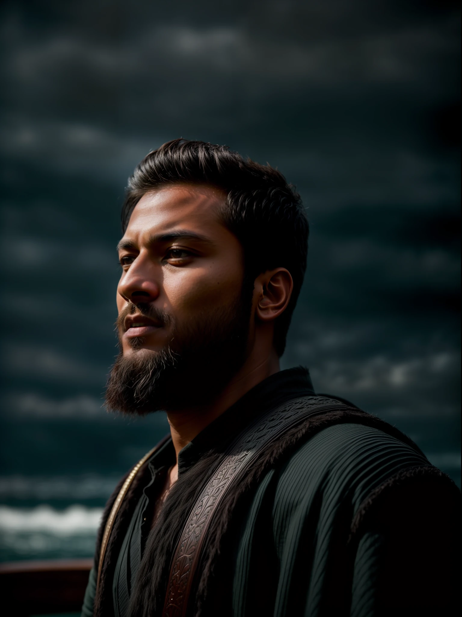 Realistic 8k image of Shakib Al Hasan as Ivar the Boneless (with black hair) onboard a viking longship, ((front face, low angle hero shot)), (Upper body closeup), show Shakib Al Hasan as Ivar the Boneless navigating treacherous waters, Shakib Al Hasan as Ivar is navigating his crew, show Shakib Al Hasan as Ivar the Boneless commanding the ship crew, this scene will be dark and scary, highlighting Shakib Al Hasan as Ivar the Boneless sailing on treacherous waters, dark tones with moonlit seas, dark and intimidating atmosphere like Viking series colour tone, ((sharp focus on portrait)), (balanced composition), high quality and realistic image, cinematic style, ((Best quality, 8k, Masterpiece), rough face, detailed skin, masterpiece, professional photography, (high detail:1 1), natural skin, (detailed face and eyes), (face: 1 2), noise, real photo, film photography, high resolution, 8k, realistic, 8k UHD, SLR camera, high quality, film grain, (Fujifilm X-T20, Fujifilm Fujinon XF 50mm f/2 R WR lens, Lens focal Length 50mm, Shutter speed 1/300 sec, APERTURE: 2, ISO: 80), volumetric lighting, dark background, dark fantasy, highly detailed, sharp focus, shallow depth of field, bokeh, blurry background, high contrast, contrast lighting, (dim colours), exposure blend, (dusty:1.3)