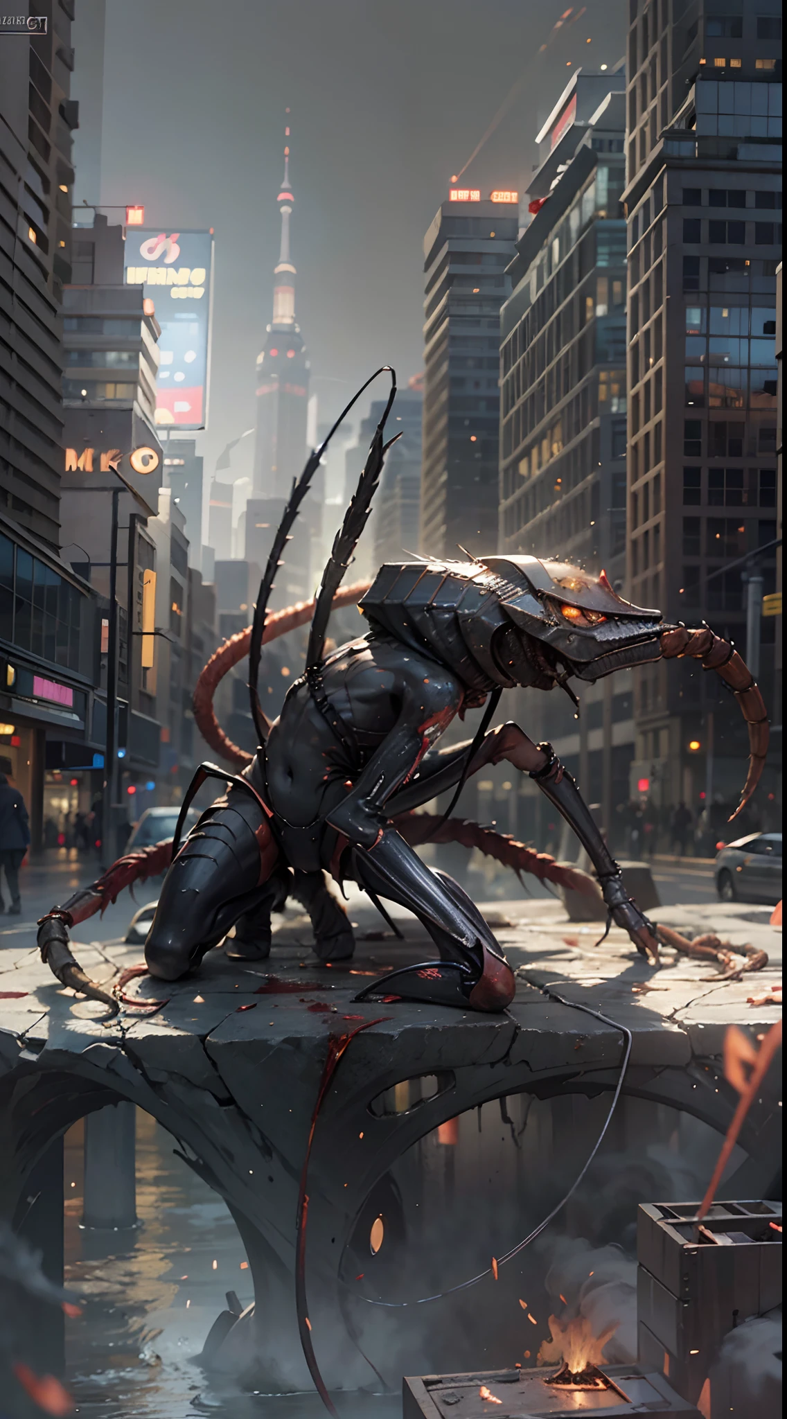 Invading aliens,Invasive insects,mkscorpion,A lot of hair is long,uncanny,blood vess,,Murderous,Full body like,combats,The city was destroyed,of a real,Facial features are carefully depicted,Realistic skin texture,Dark style,depth of fields,high light,Real light,Ray traching,oc rendered,Hyper-realistic,best qualtiy,8K,Works of masters,super-fine,Detailed pubic hair,Correct anatomy,sharp focus on eyes,Bokeh,Facial features are carefully depicted