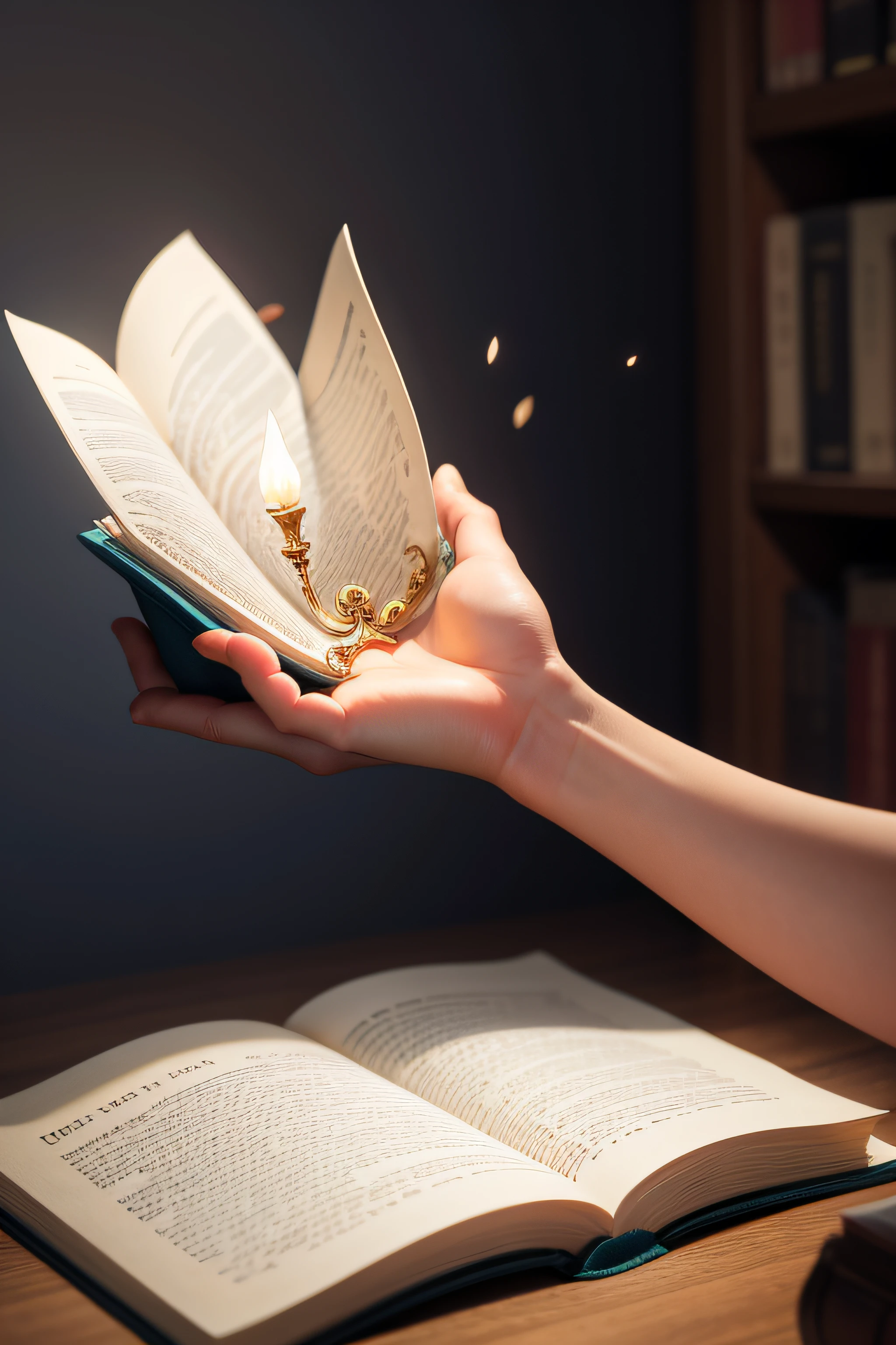 two hands opening a large book and from inside comes a light with beautiful treasures