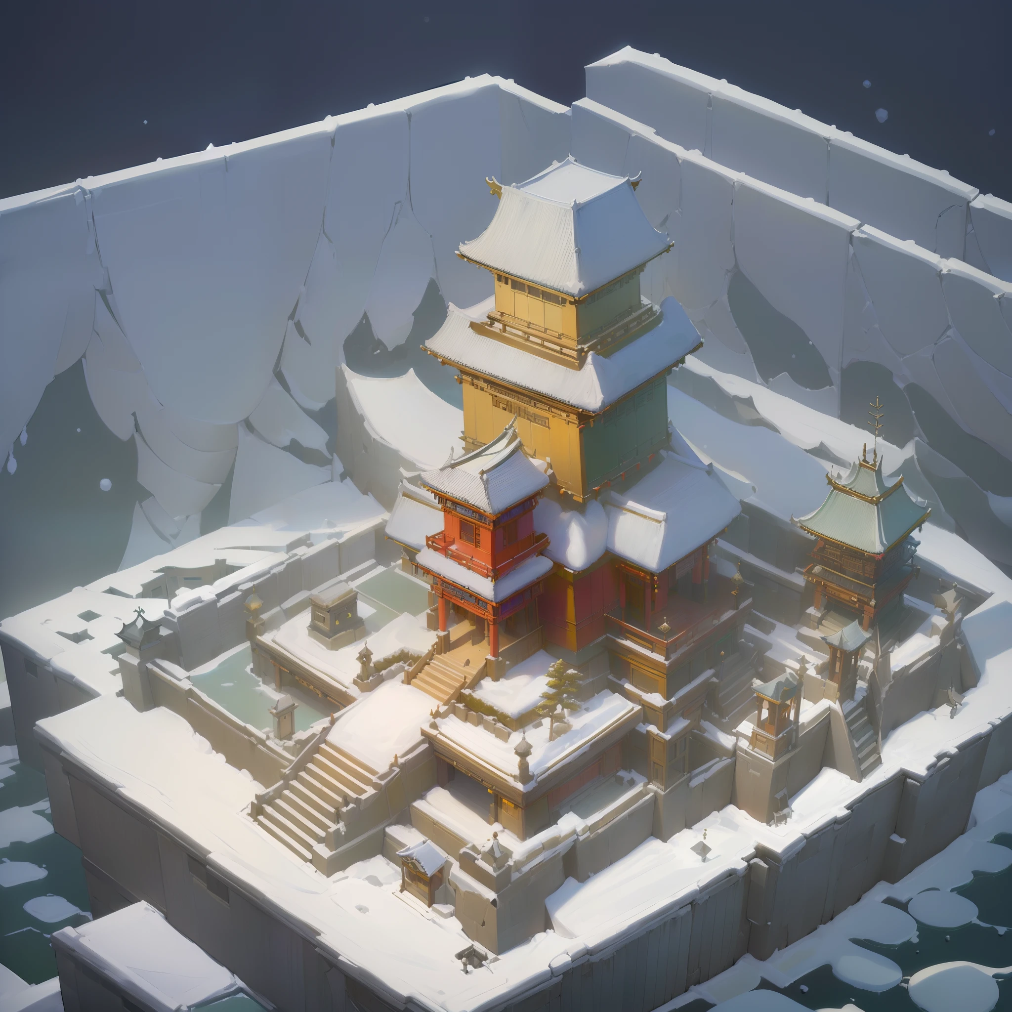 (isometric:1.5), (masterpiece, top quality, best quality, official art, beautiful and aesthetic:1.2),(16k, best quality, masterpiece:1.2),architecture, [:(black background:1.5):30],, east asian architecture, (simple background:1.5), scenery, no humans, stairs, building, wall, doorstep buildings, stairs, Chinese architecture,(winter:1.5)