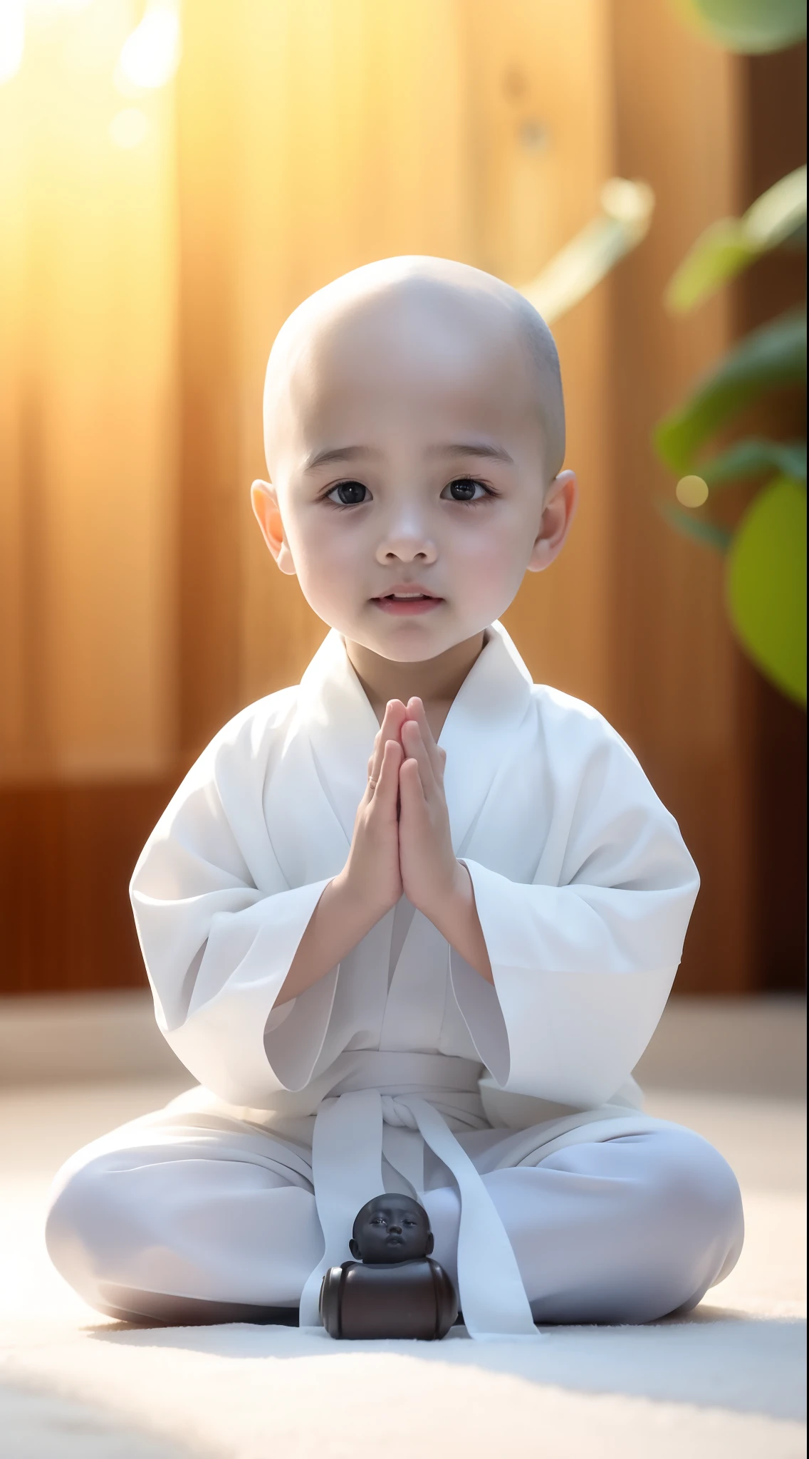 Close-up of woman sitting on floor wearing white robe, He is giving you a warm welcome, Dressed in simple robes, peaceful expression, prayer meditation, hand of blessing, dressed as a nun, peace, Dressed in white robes!, very quiet and sound, serene smile, young angel, Serene Expression, Buddhist, Dressed in white robes, Yan Juncheng,bald head