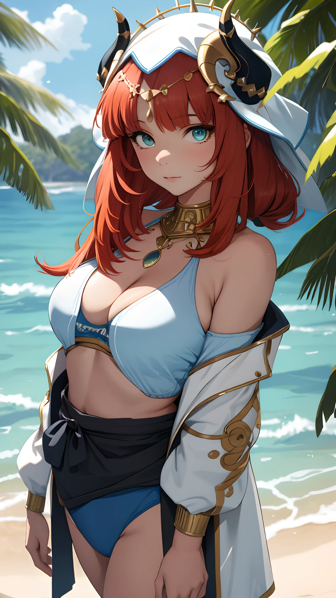 "tmasterpiece,Close-up shot,sportrait,Best Picture Quality,solo person,Off-the-shoulder clothing,Large breasts,cleavage,the original god,Nilu,swimming uniform,beachside,Greenery