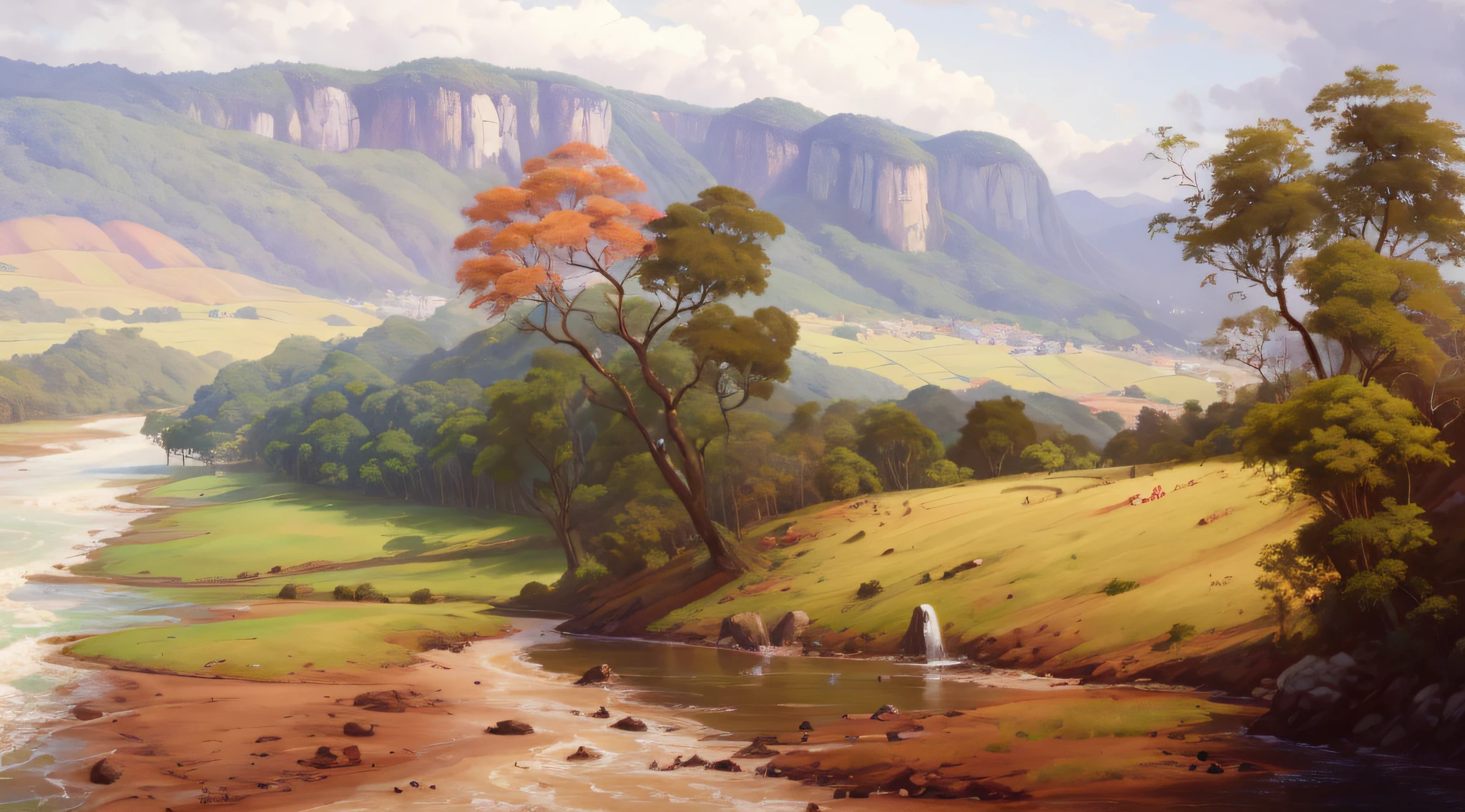 pintura de um rio que atravessa um vale verde exuberante com montanhas ao fundo, colinas fluidas, 8k resolution digital painting, 8k resolution digital painting, Pintura digital 4K, Pintura digital 4k, pintura digital detalhada, baixo detalhamento. pintura digital, Pintura Digital de Alto Detalhe, peaceful landscape, rio, trees and hills, pintura detalhada 4K, pintura digital 4k
