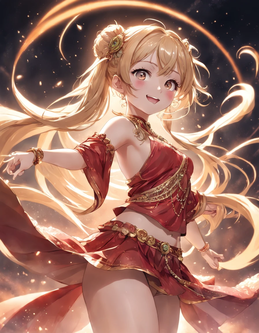 hyper detailed illustration, Dynamic Angle, Dancing smiling girl, Belly dance, Clear Shawl, delicate hair ornaments, Elegant earrings, extra detailed face, Detailed transparent eyes with highlights, Crepuscular rays, Rembrandt lighting, powder light, Blonde, Twin-tailed, from the rear, Twin-tailed, red outfit, Twin-tailed, Perfect fingers, Twin-tailed, jump, Twin-tailed, masutepiece, Best Quality, Anatomically correct, high details