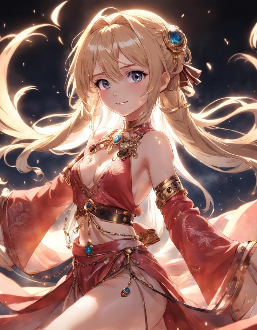 hyper detailed illustration, Dynamic Angle, Dancing smiling girl, Belly dance, Clear Shawl, delicate hair ornaments, Elegant earrings, extra detailed face, Detailed transparent eyes with highlights, Crepuscular rays, Rembrandt lighting, powder light, Blonde, Twin-tailed, from the rear, Twin-tailed, red outfit, Twin-tailed, Perfect fingers, Twin-tailed, jump, Twin-tailed, masutepiece, Best Quality, Anatomically correct, high details