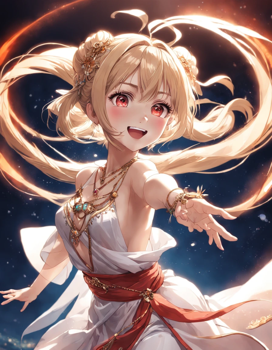 hyper detailed illustration, Dynamic Angle, Dancing smiling girl, Belly dance, Clear Shawl, delicate hair ornaments, Elegant earrings, extra detailed face, Detailed transparent eyes with highlights, Crepuscular rays, Rembrandt lighting, powder light, Blonde, Twin-tailed, from the rear, Twin-tailed, red outfit, Twin-tailed, Perfect fingers, Twin-tailed, jump, Twin-tailed, masutepiece, Best Quality, Anatomically correct, high details