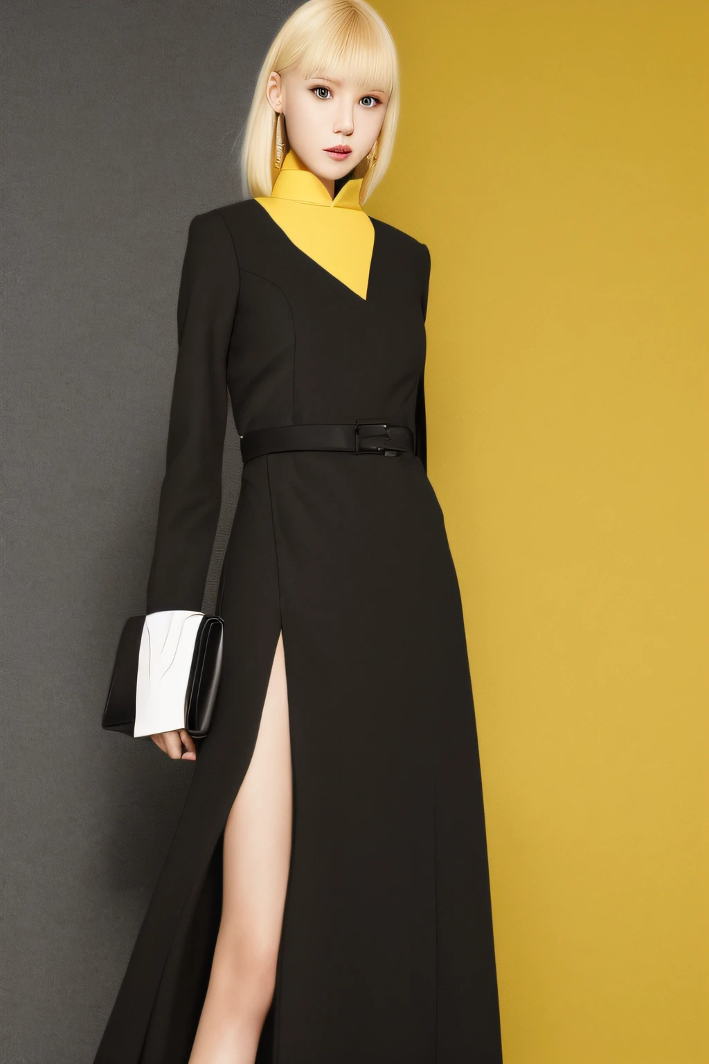 with brown eye，Yellow hair，black color dress，Slender and tall