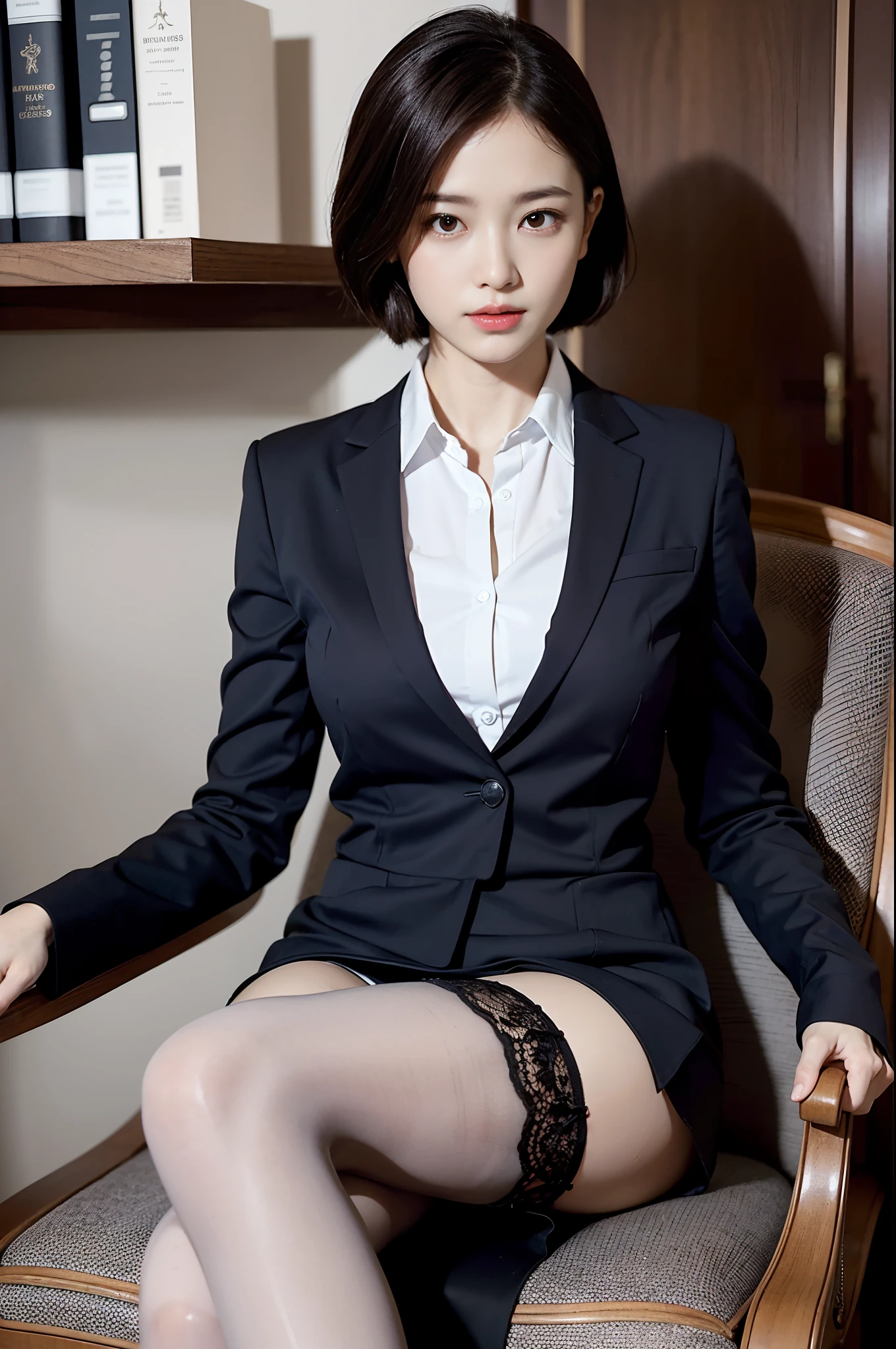 face is :9,666349256], (Elite secretary of the upper class in light underwear), Sitting in a chair and working in the office、 (Wearing pantyhose)、(Short Layer Hair)、crossed legs, Wear high-end high heels、 (thighhighs and skirt), Shirt Secretary, businesswoman,  Wear shirts and skirts, Business attire, business outfit, Raw photo, (8K、top-quality、​masterpiece:1.2)、(intricate detailes:1.4)、(Photorealsitic:1.4)、octane renderings、Complex 3D rendering ultra detail,  vibrant detail, super detailing, realistic skin textures, Detail Face, Beautiful detail eyes, Very detailed CG Unity 16k wallpaper, make - up, (detailedbackground:1.2), shinny skin、Exposed thighs!!!,