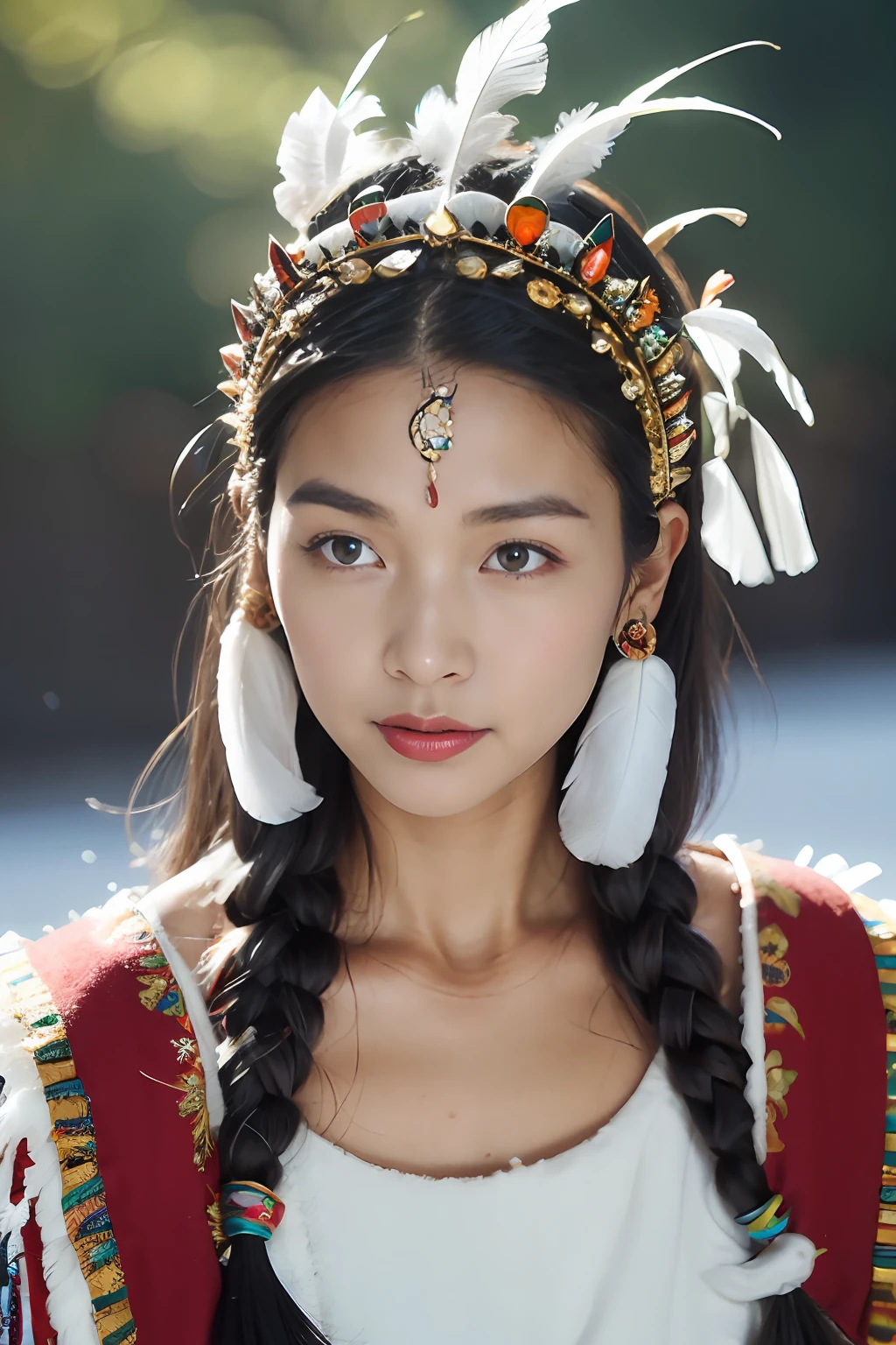 at winter season，Fleece，（Red Merlin，snow cover，snowflower，Oyuki），（messy  hair，Rough skin），Cold girl，Keep one's mouth shut，bshoulders，gold mask，Indian religious ceremonies，Brown skin wears a feather headdress， wearing crown of bright feathers, girl with feathers, Beautiful young woman shaman,Painted surface, （she is dressed in shaman clothes, coarse cloth，High-necked undershirt，feathered headdress）,（Skull decoration），ornate headdress, head gear, Painted surface.dark tanned skin,（Wear coarse cloth clothes -