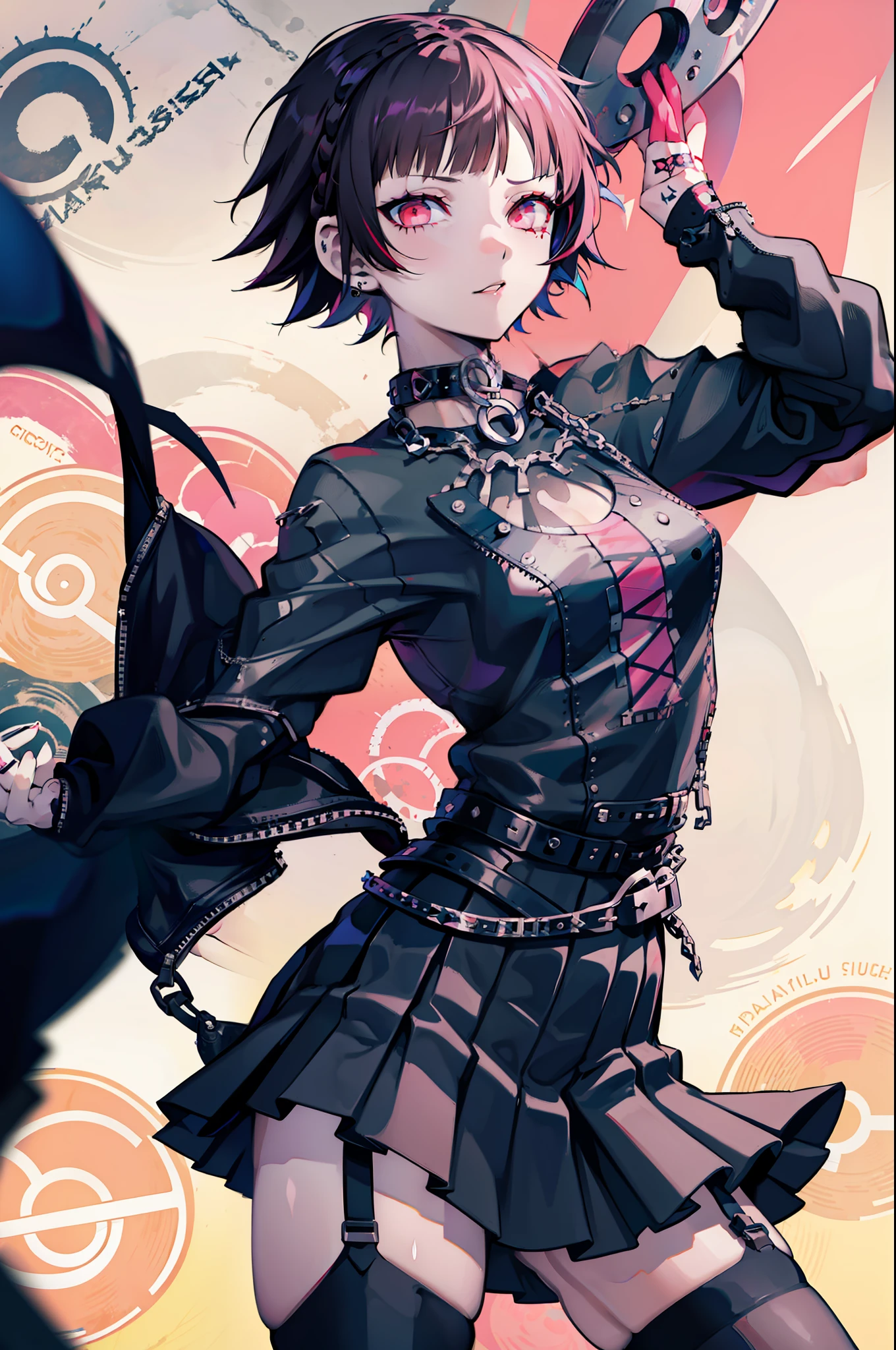 Cartoon of an American tomboy girl in a Canadian blouse and short pink-red pledge skirt, Dress up in punk clothes, Wear punk costumes., High Female Emo Art Student, Dress in crustpunk clothes, Wear punk clothes., 19~ years old - Old anime goth girl, anime emo girl, Emo Girl, Punk Girl, Punk costume, in anime style, In anime style, Goth Punk Clothing, rock music, red eye, pink-red short hair, fashionable, woman, vibrant, outfit, posing, front, colorful, dynamic, background, elements, confident, expression, holding, statement, accessory, majestic, coiled, around, touch, scene, text, cover, bold, attention-grabbing, title, stylish, font, catchy, headline, larger, striking, modern, trendy, focus, fashion, black choker necklace