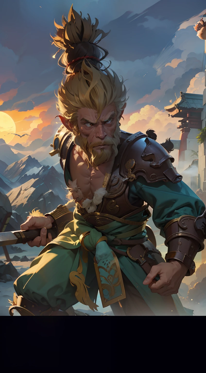 Anthropomorphic monkey warrior,He is the God of War,He is the Battle Saint Buddha Goku,Soar through the clouds,(The face looks like the Monkey King),(The face resembles a delicate monkey king),Fight youkai with a long and thick gold rod in your hand,(Hand structure is carefully optimized),(Normal hands),(The setting sun shines obliquely:1.2),(Sunlight shines through), Blue and pure sky,Very thick white clouds, (Very detailed and perfect facial depiction),From the bottom point of view(light and shadow effect),(Depth of field effect),(Tyndall),(Light particle tracing),(OilPaintStyle),(CG),(Cinematic lighting visuals),(Volumetriclighting),(Unreal 5),(cinema4d),(vivd colour),(Obvious layers),(Photography Award),(8k wallpaper),(Masterpiece),(best qualtiy), One picture,photorealestic,realisticlying