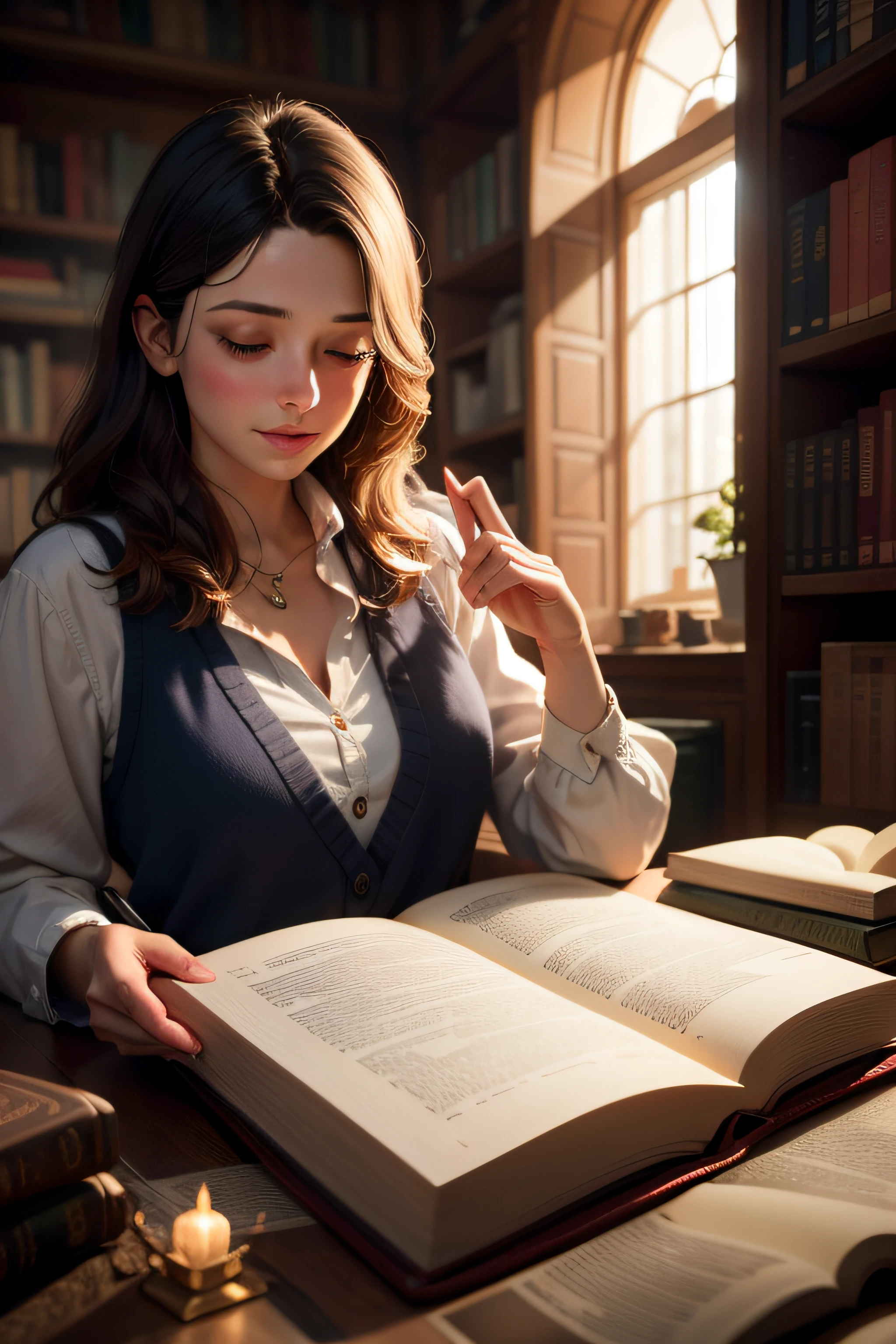 two hands opening a large book and from inside comes a light with beautiful treasures