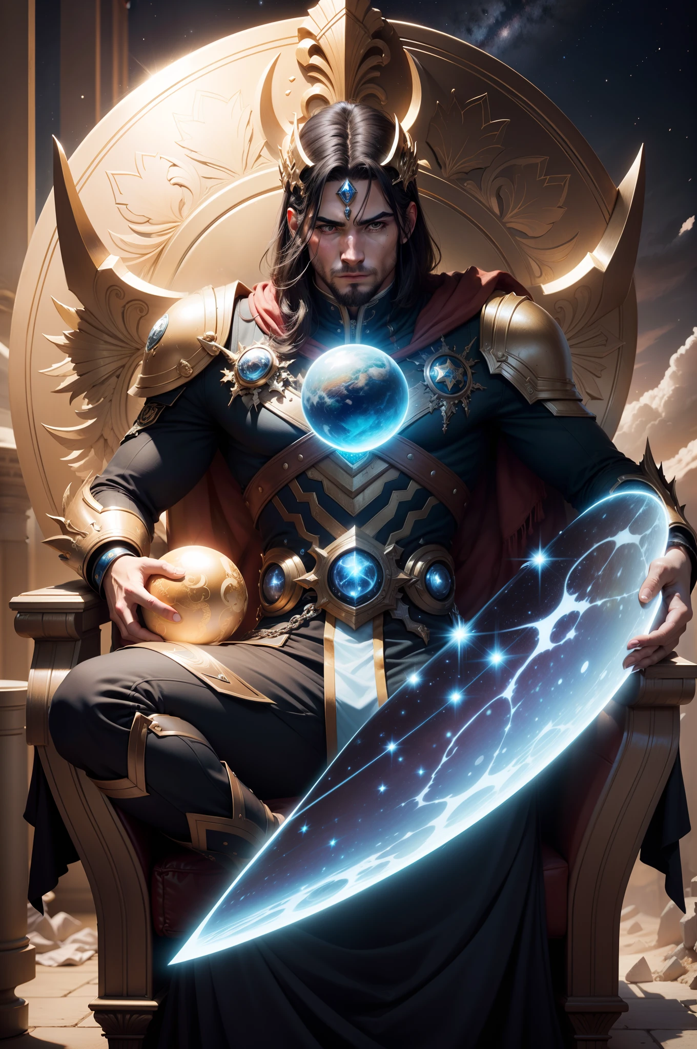 Titan Kronos on his throne holds an orb that contains time, epic scenery, tempo fluindo pelo universo, estilo arcano, Liga das Lendas, Estilo rsrs, estilo semi-realista, animification, poder, forte, detalhado, 8k, Time Titan, universo, azul, luzes, estrelas, Planetas, rosto masculino, adulto, cabelo branco.
