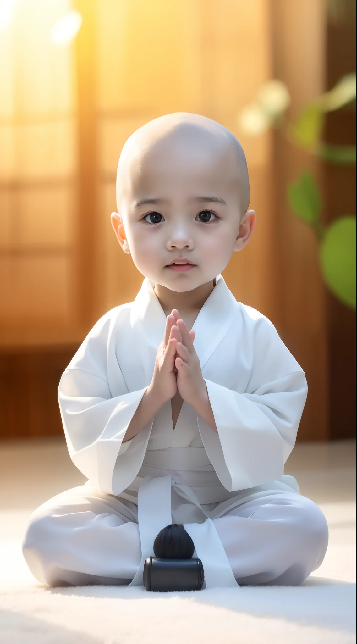 Close-up of a child sitting on the ground in a white robe, he is greeting you warmly, dressed in simple robes, peaceful expression, prayer meditation, blessing hand, wearing nun outfit, peace, wearing white robes with!, very calm and wholesome, a serene smile, young wan angel, Serene expression, Buddhist, wearing white robes with, yanjun cheng,bald-headed