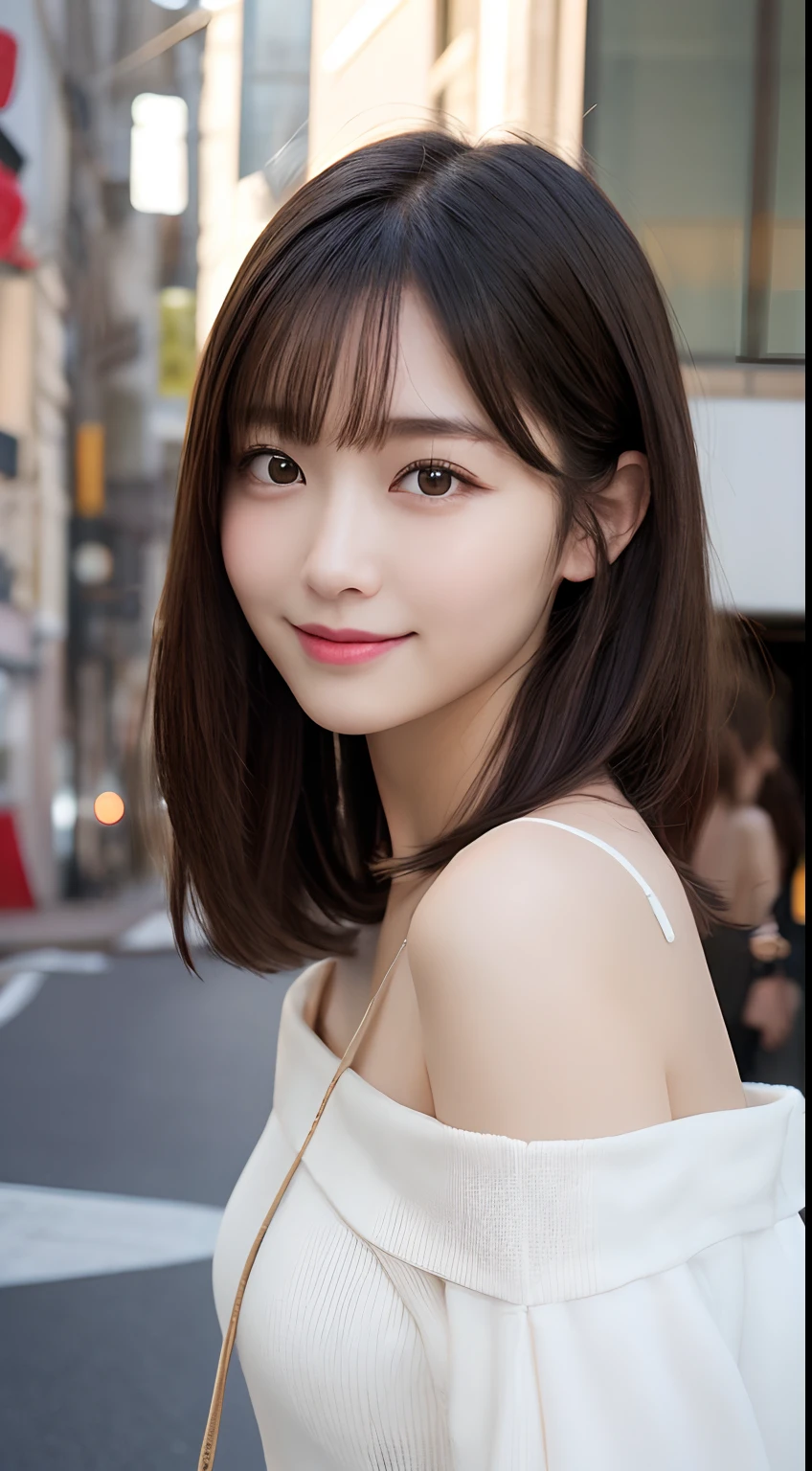 masutepiece, Best Quality, Illustration, Ultra-detailed, finely detail, hight resolution, 8K Wallpaper, Perfect dynamic composition, Beautiful detailed eyes, off shoulder knit ladies&#39;S Fashion,waved hair,small tits、Natural Color Lip, Bold sexy poses,Smile,Harajuku、20 years girl、Cute、Sexy shot looking at camera,Ultra-realistic raw photos